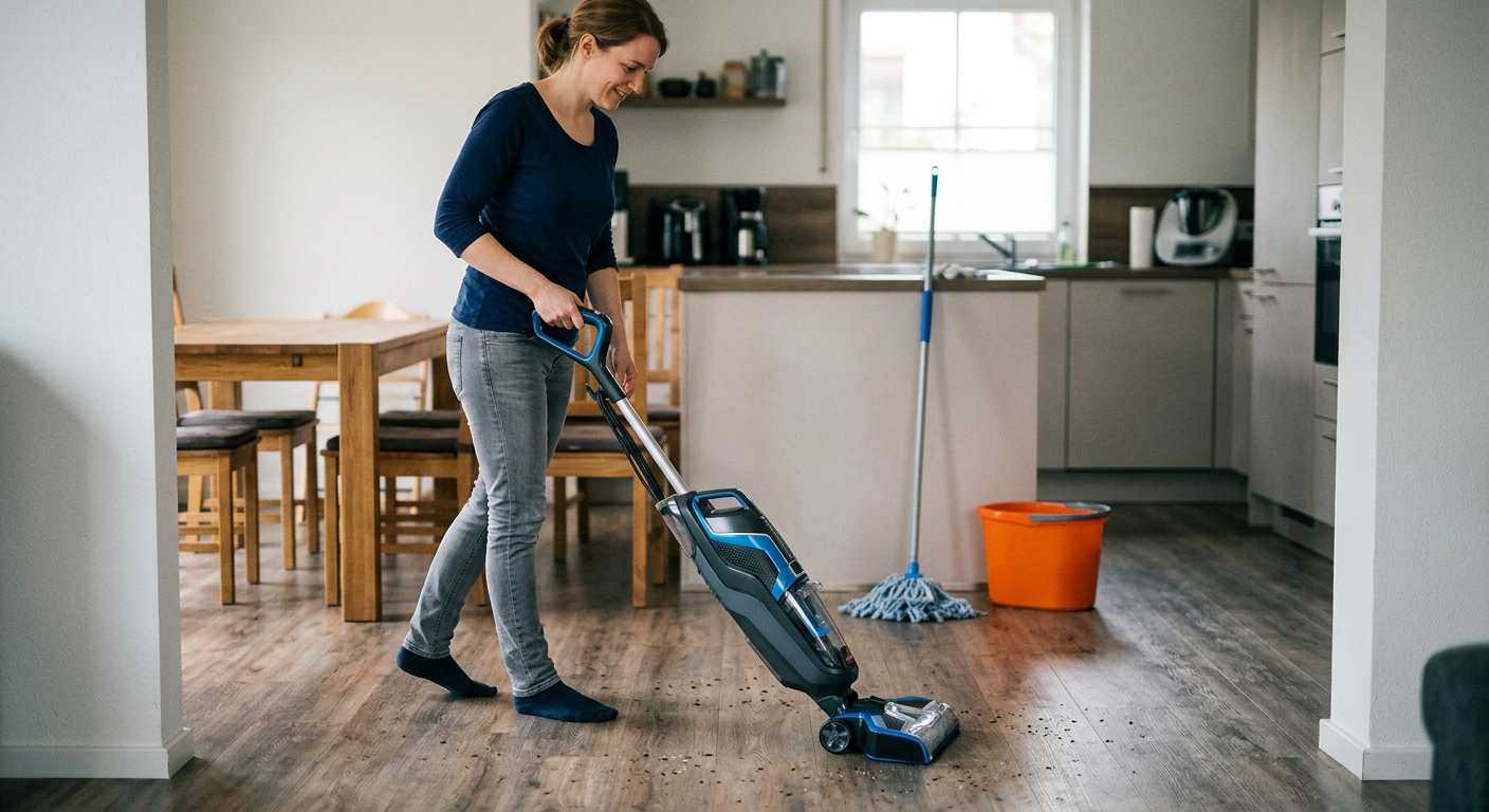 A woman cleans a wood-look floor with an electric wet-dry vacuum, with a traditional mop and bucket in the background.