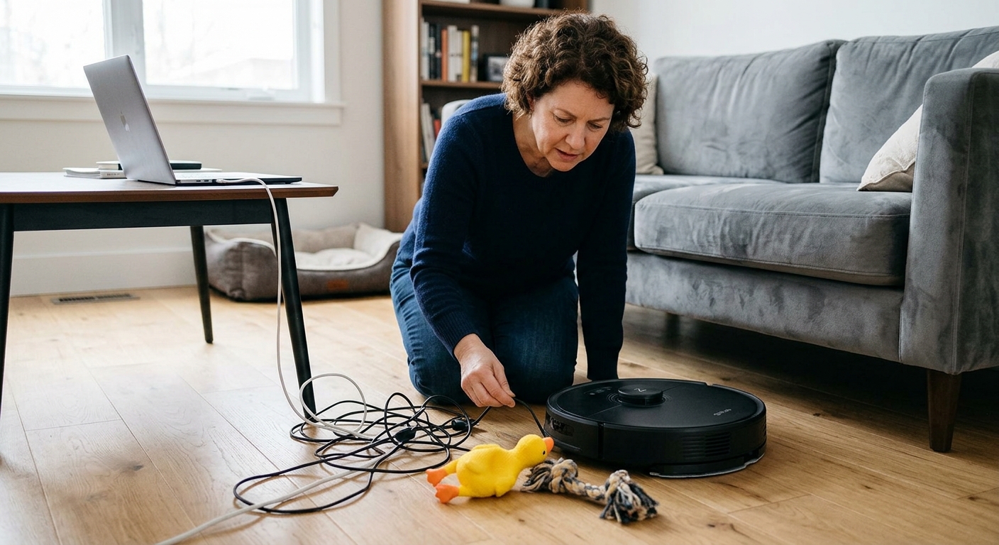 A woman frees a robot vacuum stuck in tangled power cords and pet toys on a living room floor.