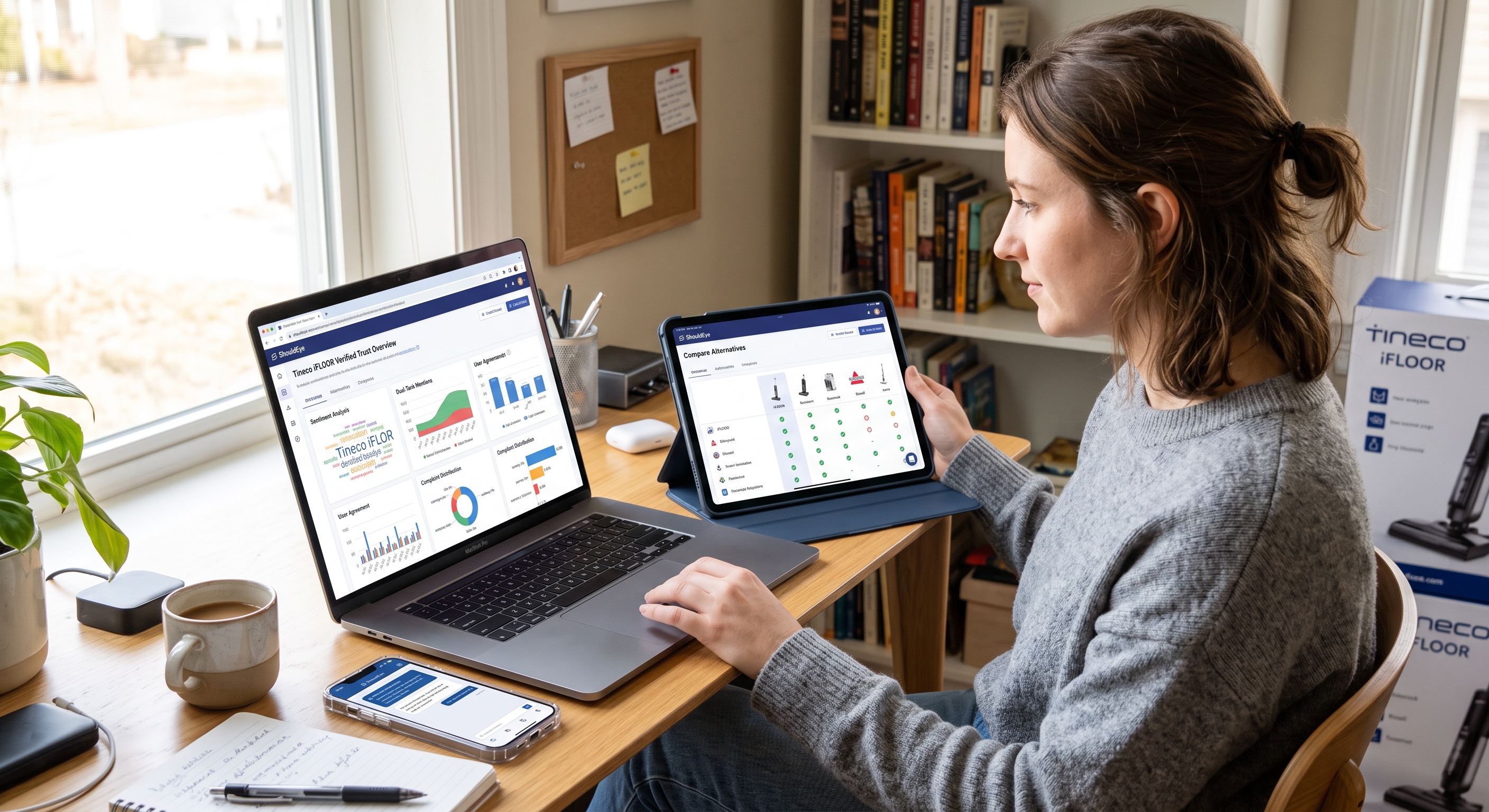 Woman uses a laptop and tablet to research a Tineco iFLOOR vacuum, with its product box in the background.