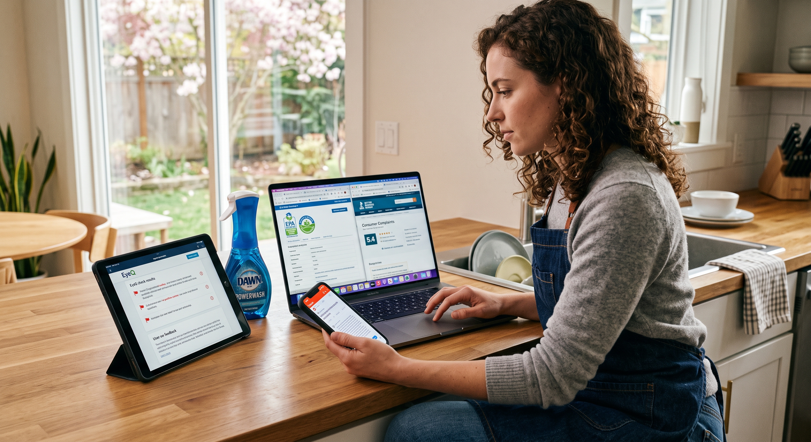 A woman uses a laptop and phone at a counter. A tablet and a bottle of Powerwash are nearby.
