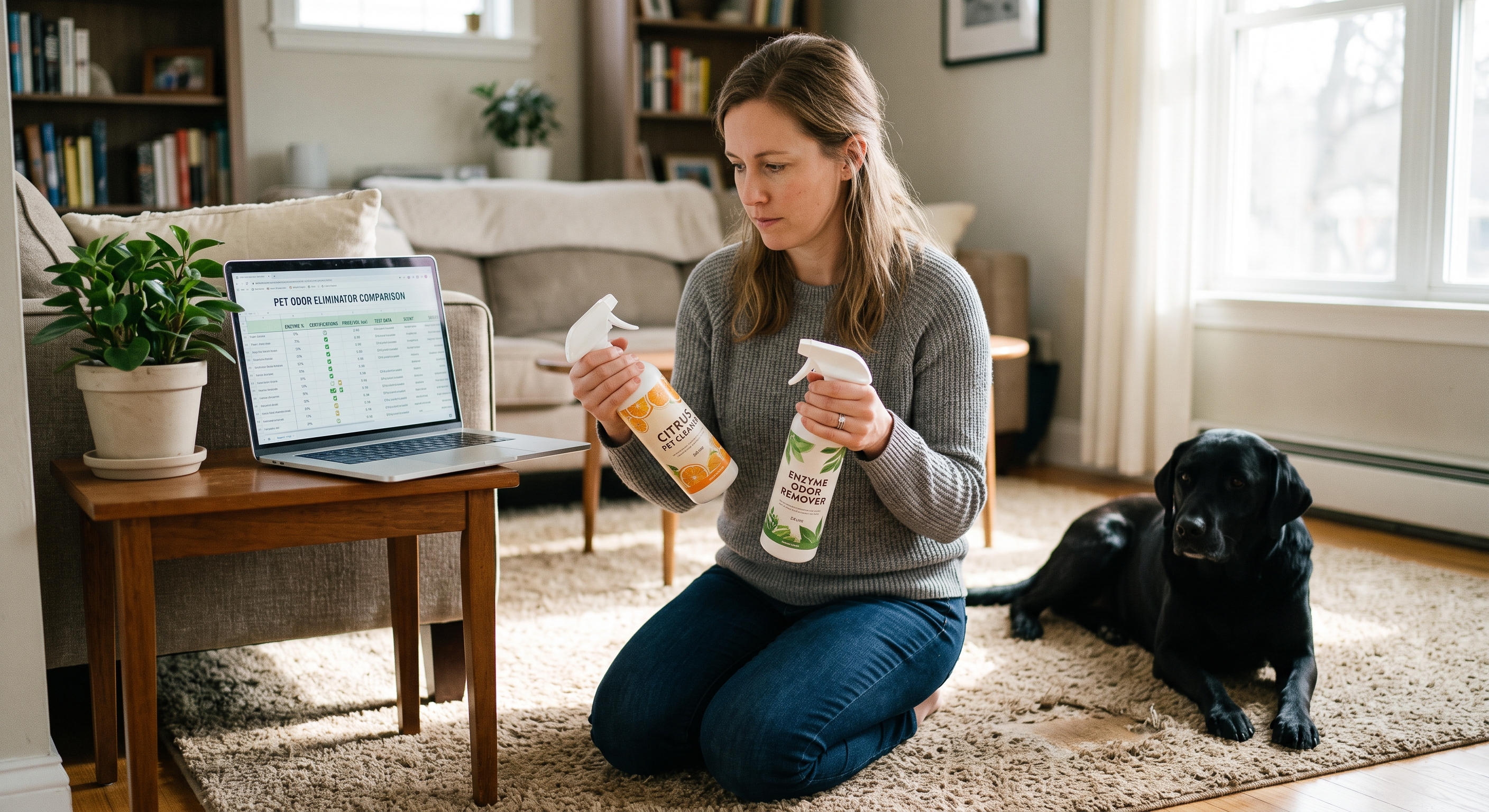 A woman kneels, comparing two pet odor removal spray bottles, while a laptop displays a chart and a black dog rests nearby.