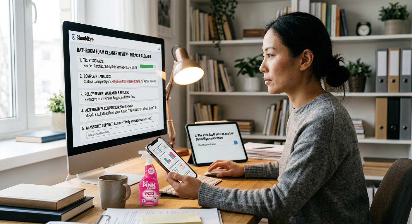 A woman at a desk uses a computer, tablet, and smartphone displaying ShouldEye review data for a bathroom cleaner.
