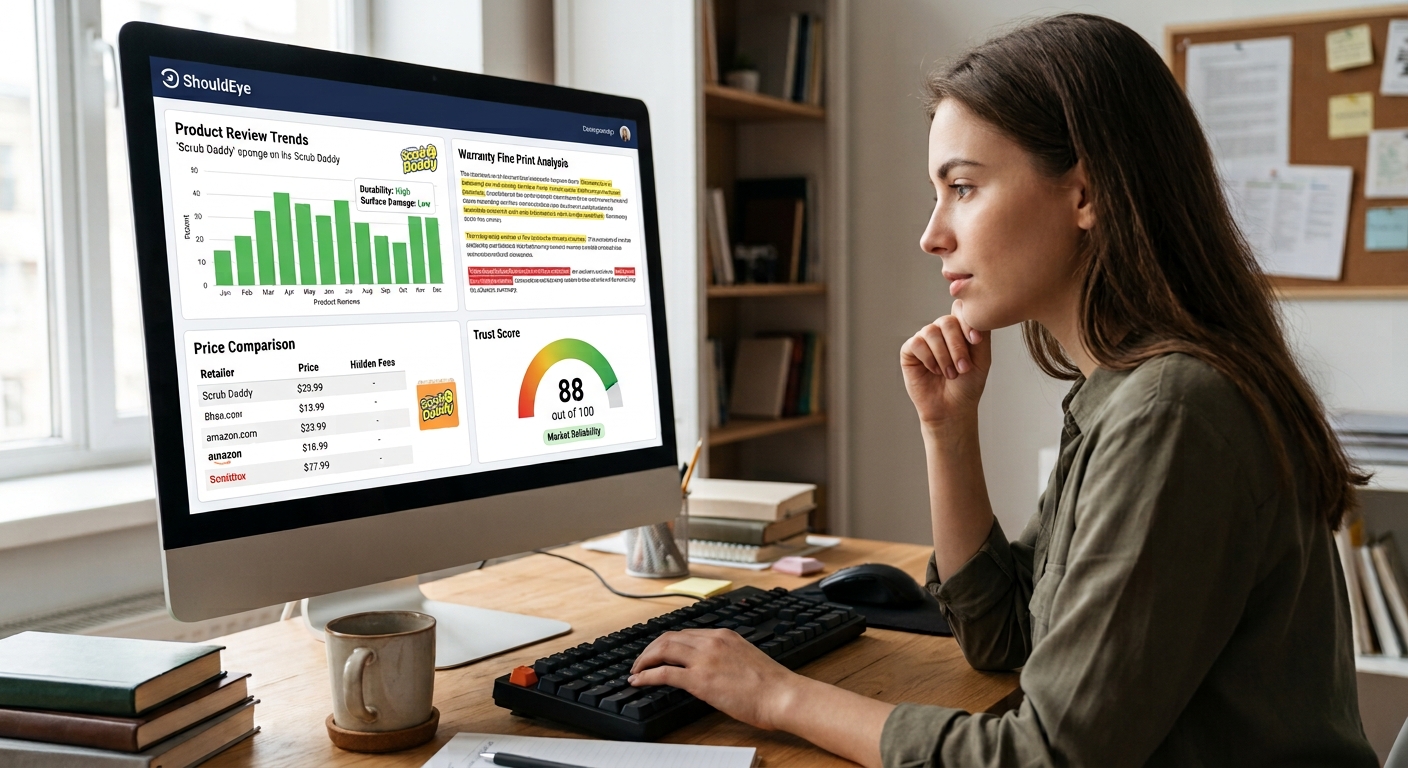 A woman sits at a desk in front of a computer screen displaying various charts and figures under the header "ShouldEye."