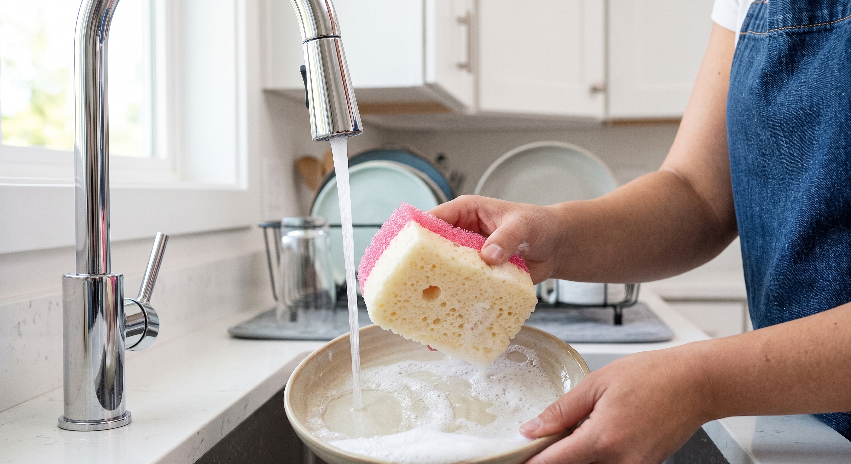 Person washing a ceramic bowl with a pink and white sponge under a chrome faucet in a bright kitchen.