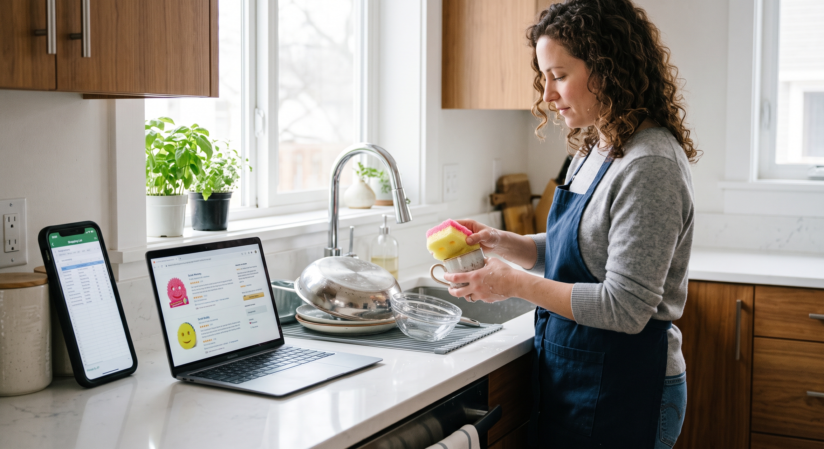 A woman with curly hair washes a bowl in a kitchen with a laptop displaying a webpage and a tablet displaying a chart.