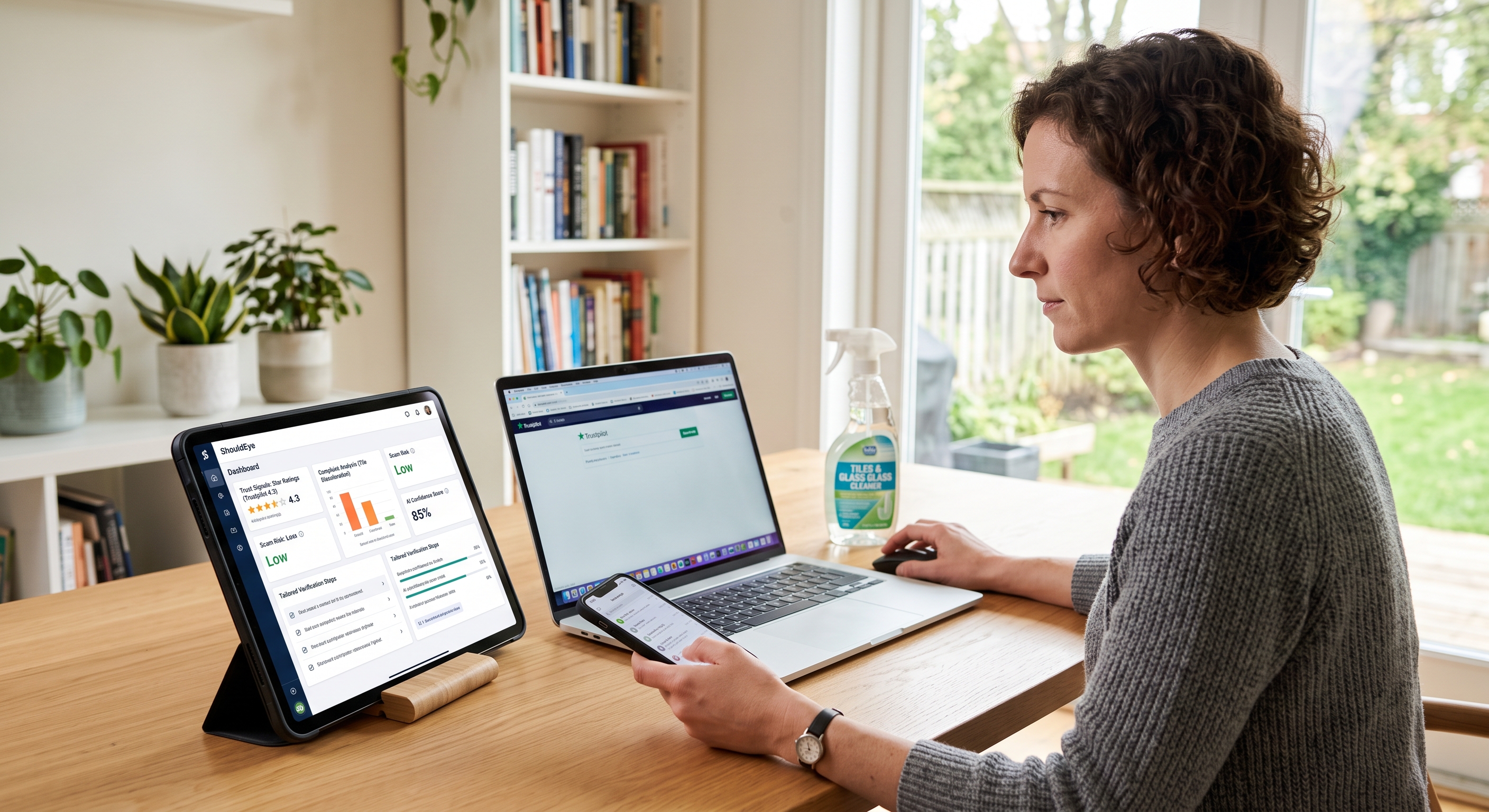 A woman sits at a wooden table using a tablet, laptop, and phone, with a bottle of glass cleaner nearby.