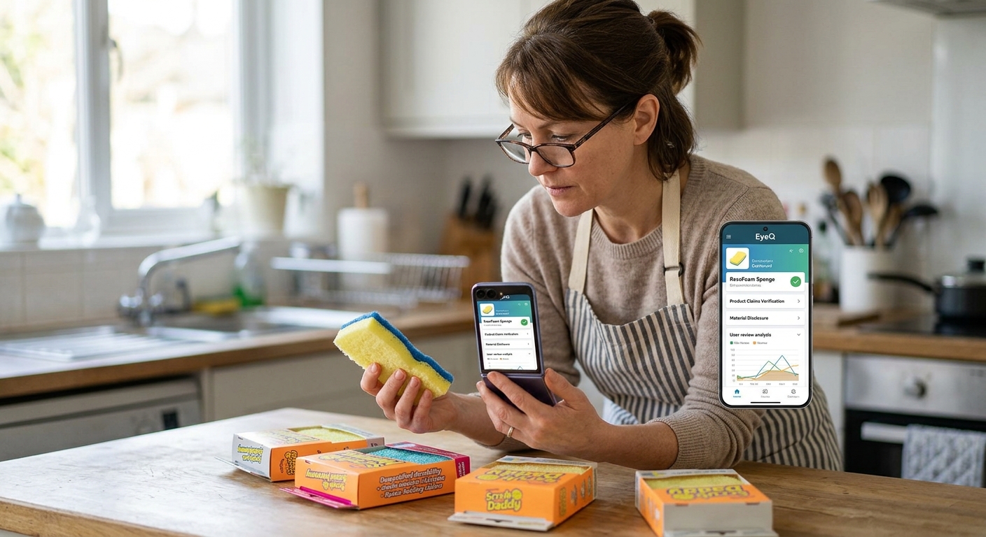 A woman in an apron and glasses holds a sponge and her phone in a kitchen while comparing it to an app analysis.