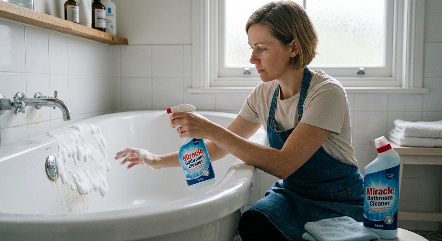 A woman in an apron sprays foaming cleaner on a dirty bathtub. Bottles of Miracle Bathroom Cleaner are present.