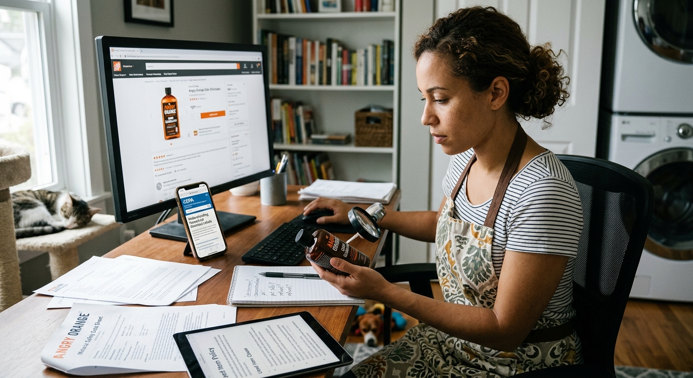 A woman inspects an Angry Orange bottle at a desk with a computer, smartphone, tablet, and safety documents nearby.