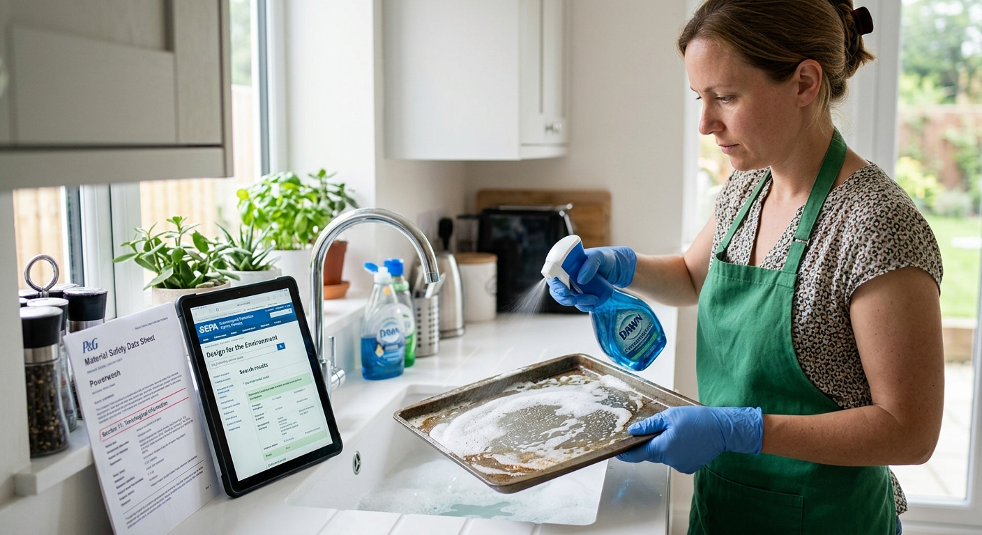 A woman in gloves and apron sprays a tray with Dawn Powerwash at a sink, next to a tablet and Material Safety Data Sheet.