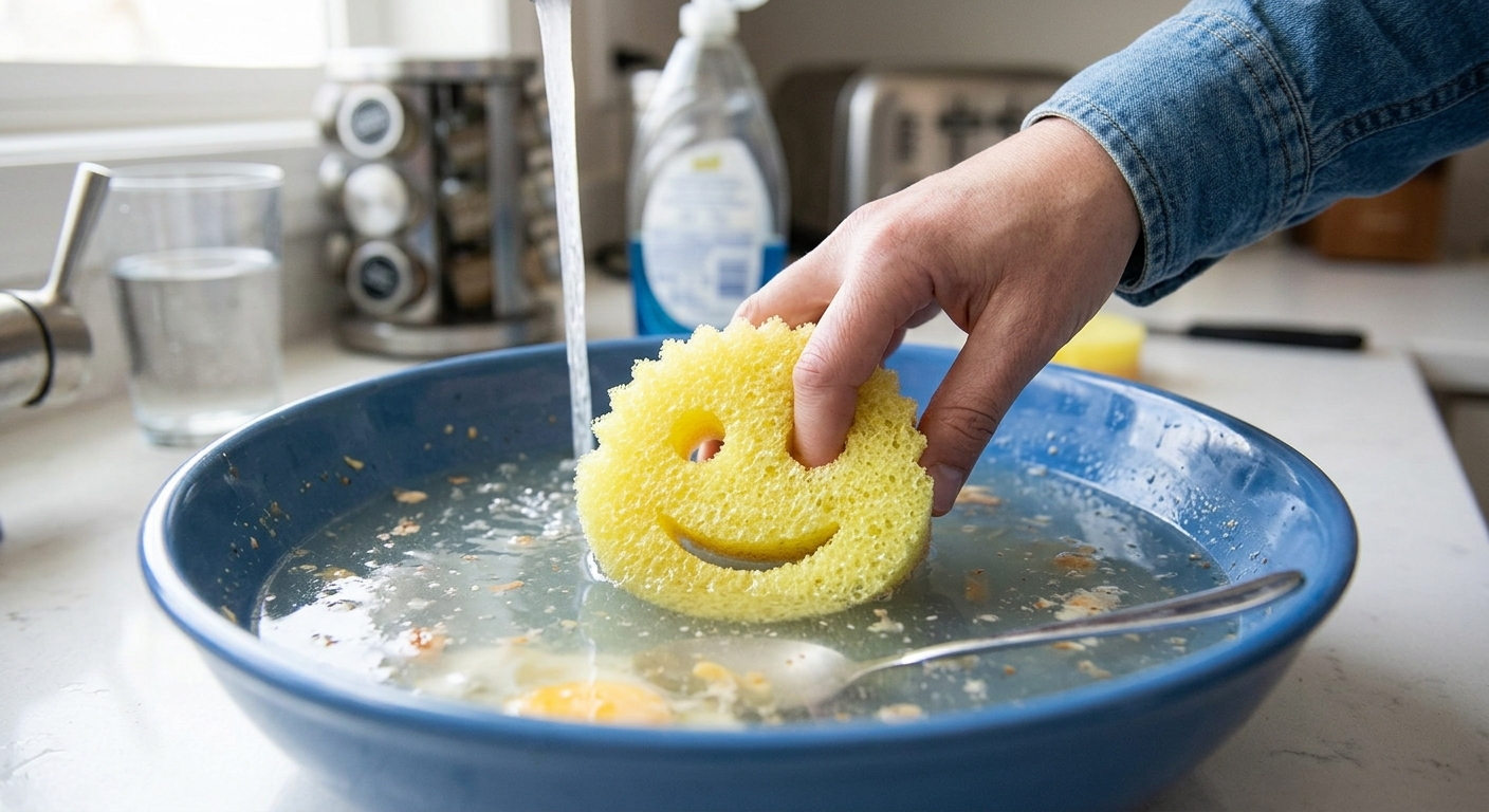 Hand using a yellow Scrub Daddy sponge with a smiley face to clean a dirty bowl under running tap water in a kitchen.