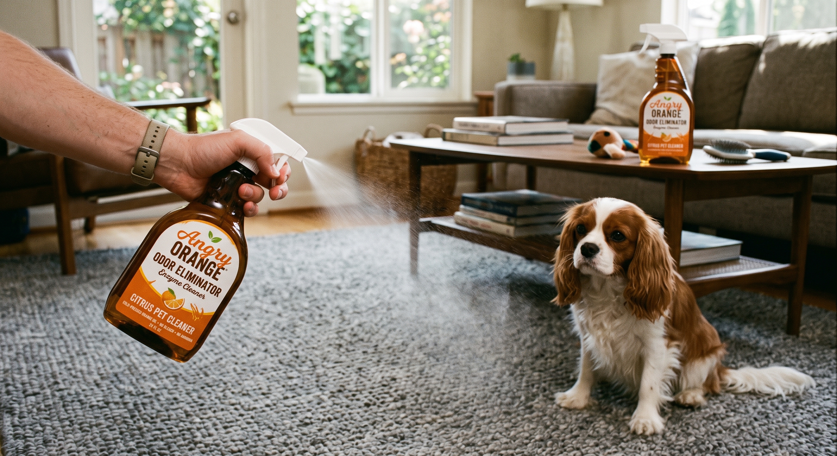 Hand with watch sprays Angry Orange cleaner on carpet as a brown and white puppy watches in a living room.