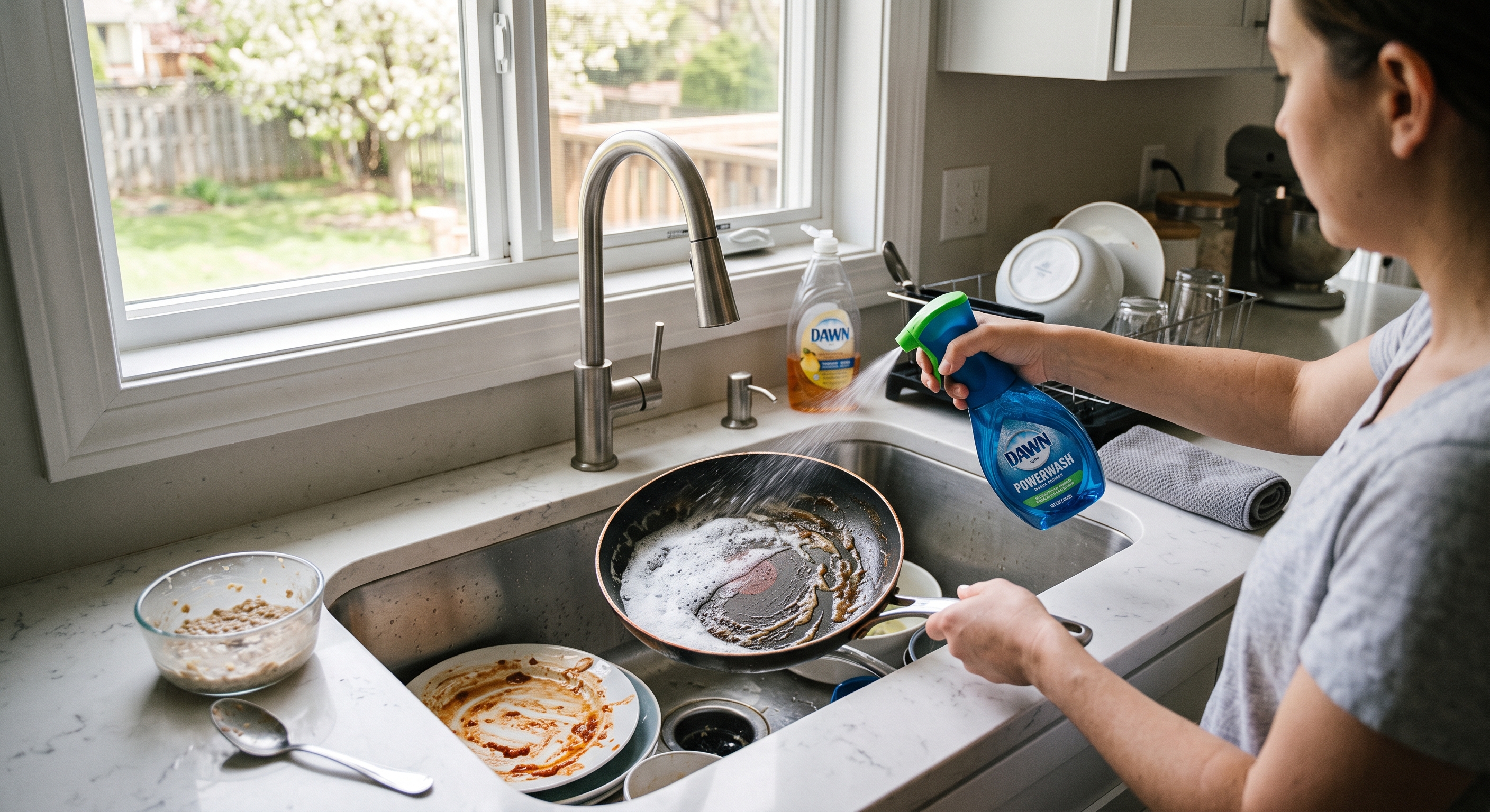 A woman sprays foam from a blue Dawn Powerwash bottle onto a dirty frying pan sitting in a double sink.