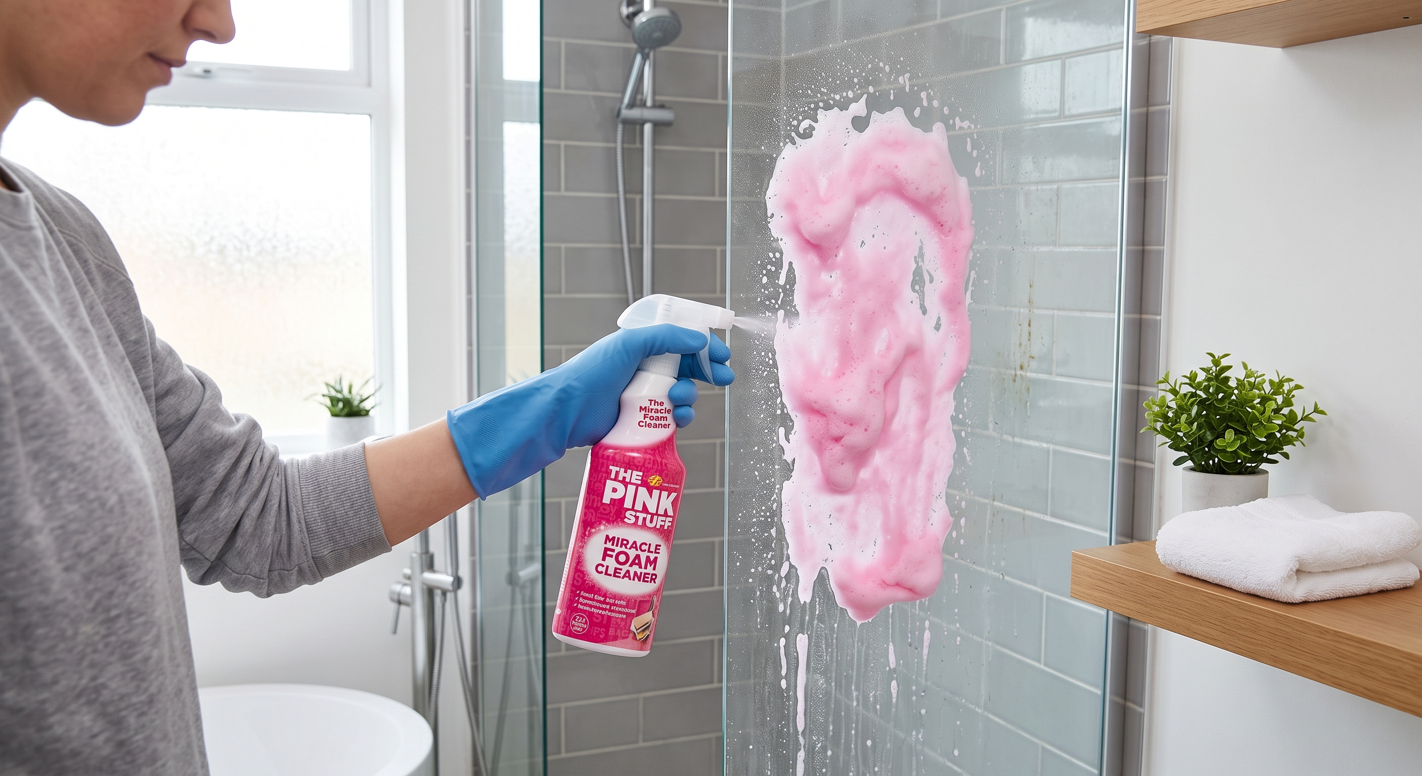 A person wearing a blue glove sprays pink foam from a bottle of The Pink Stuff onto a glass shower door.