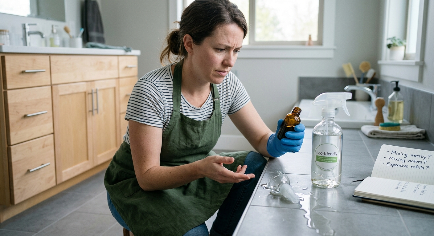 Woman in an apron holds a small bottle and looks at a spill and a notepad in a bathroom.