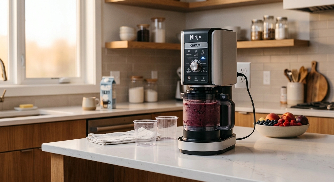 A kitchen counter holds a Ninja Creami machine, a berry-filled container, empty cups, oat milk, and fresh fruit.