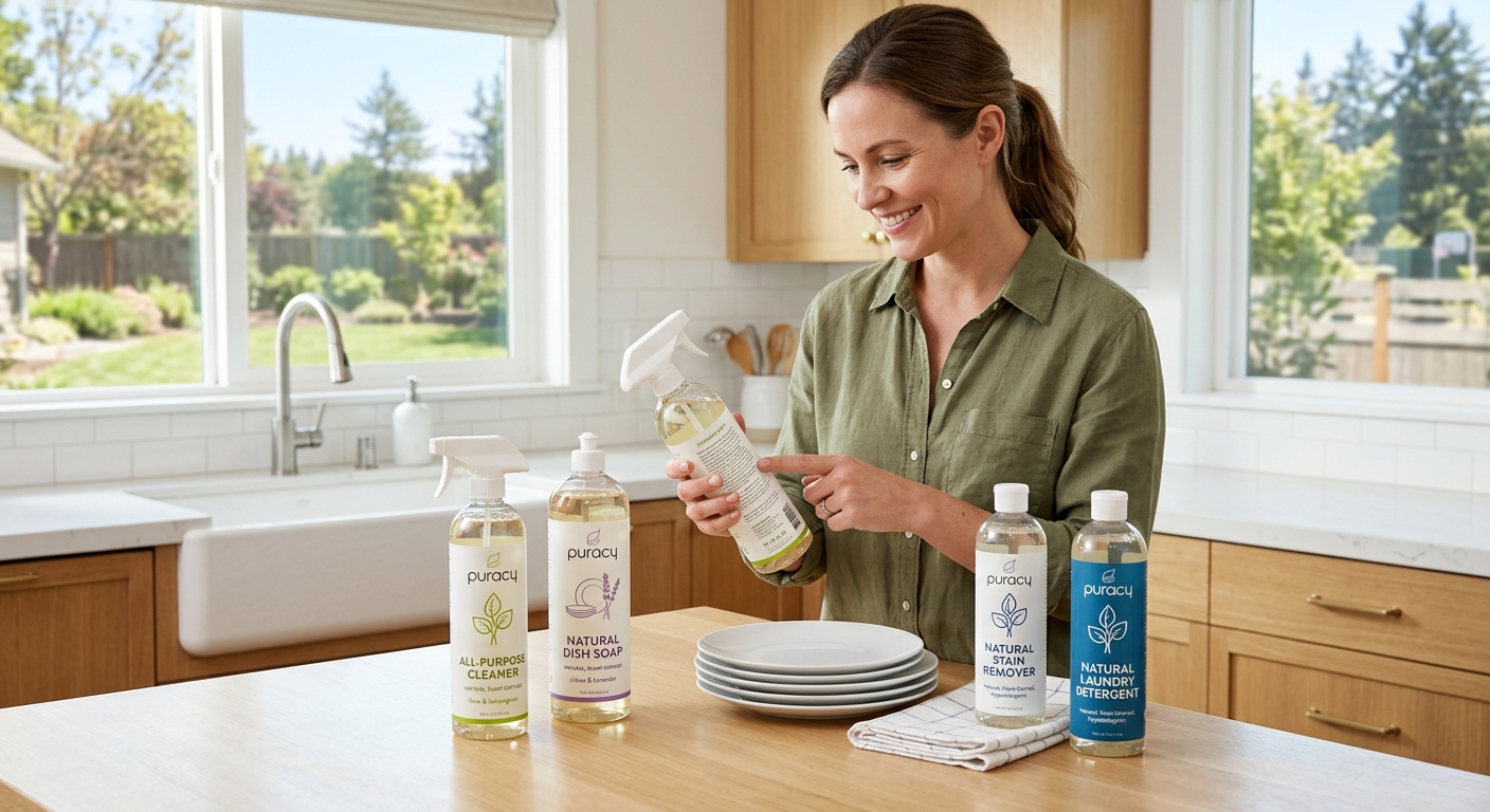 A woman in a kitchen holds a bottle of Puracy cleaner, pointing to the label, with more cleaning products on the island.