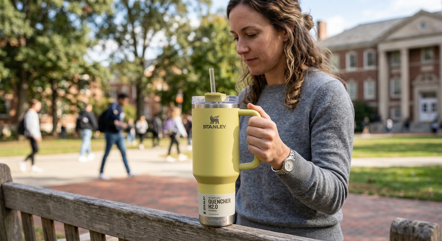 A woman on a college campus holds a yellow Stanley Quencher H2.0, which features a straw and a handle.