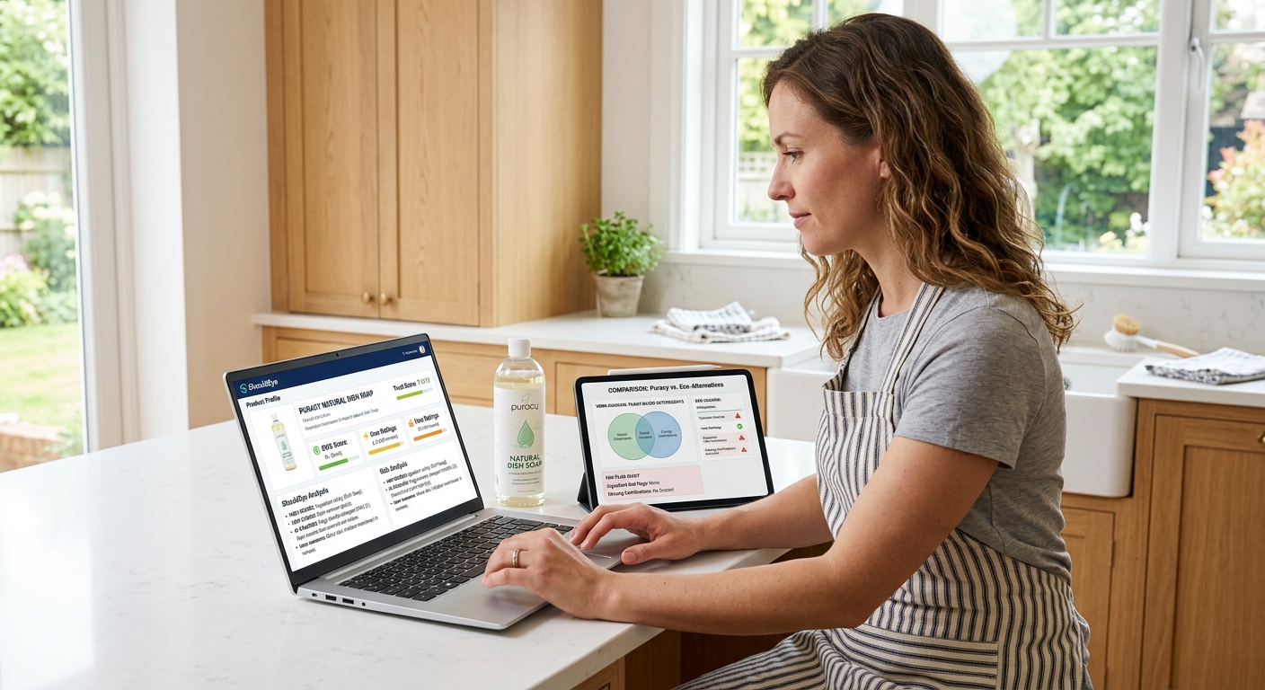 A woman in an apron works on a laptop in a bright kitchen, with a tablet and dish soap bottle on the counter.