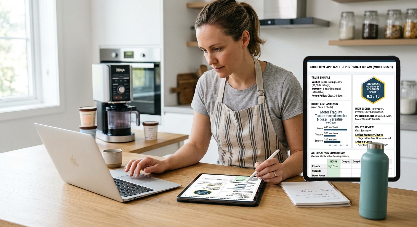 A woman in an apron uses a laptop and tablets in a kitchen, with an analytical report on the screen.