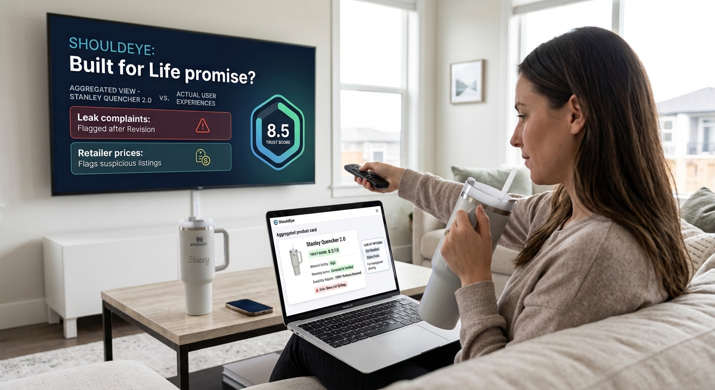 A woman holds a remote and a tumbler, with a laptop and a TV displaying a trust score in a living room.
