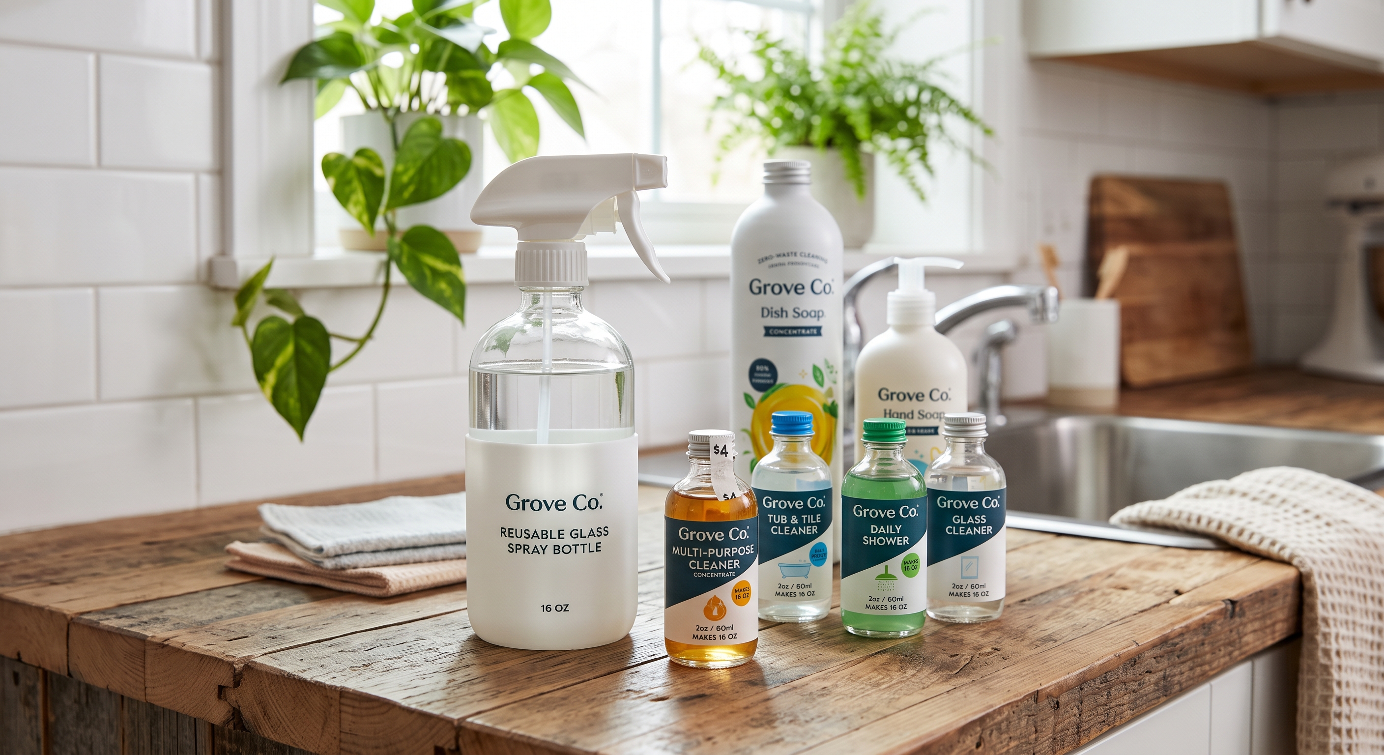 Grove Co. reusable glass spray bottle and cleaning concentrate vials arranged neatly on a kitchen counter.