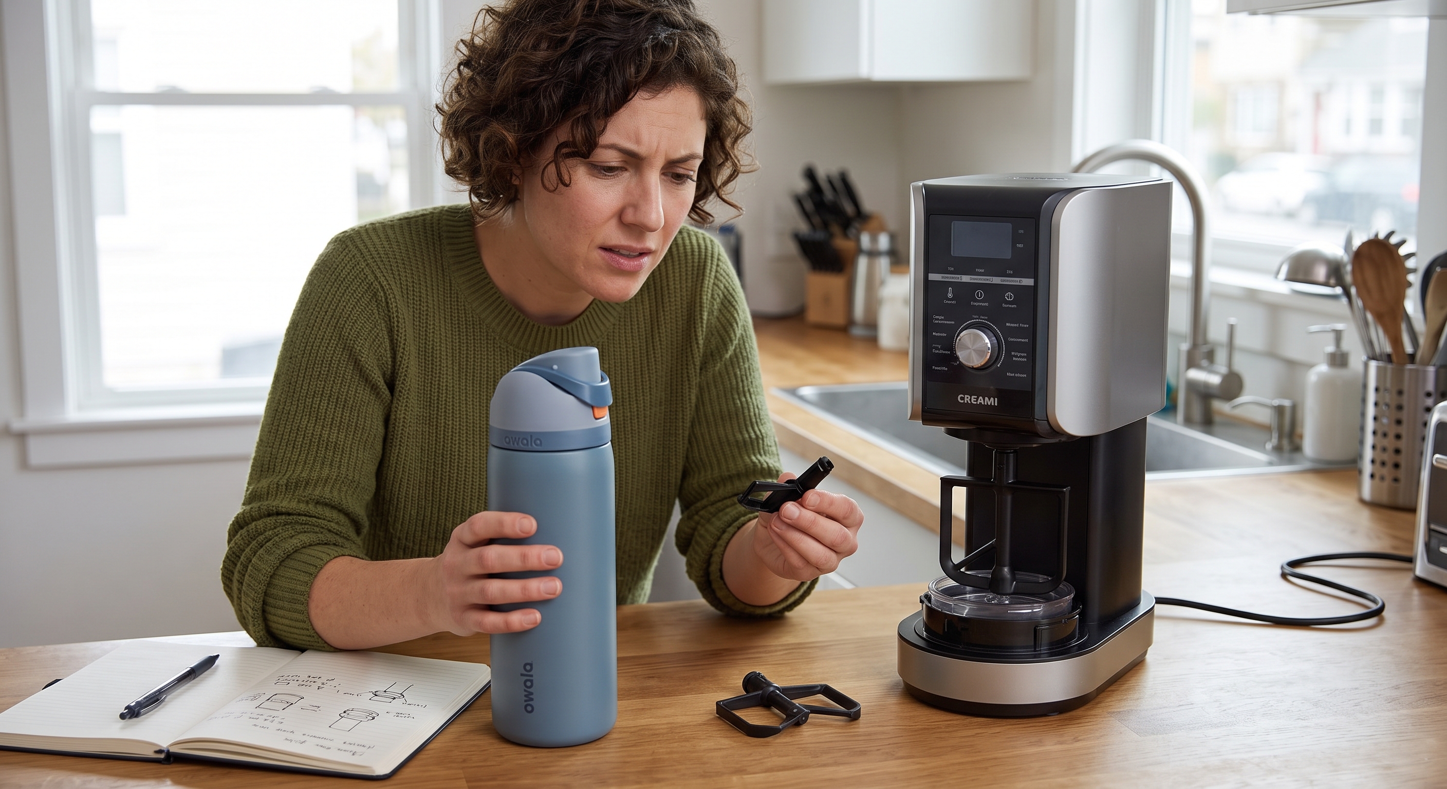 A woman in a kitchen holds an Owala water bottle, looking confused at a detached part from an ice cream maker next to her.