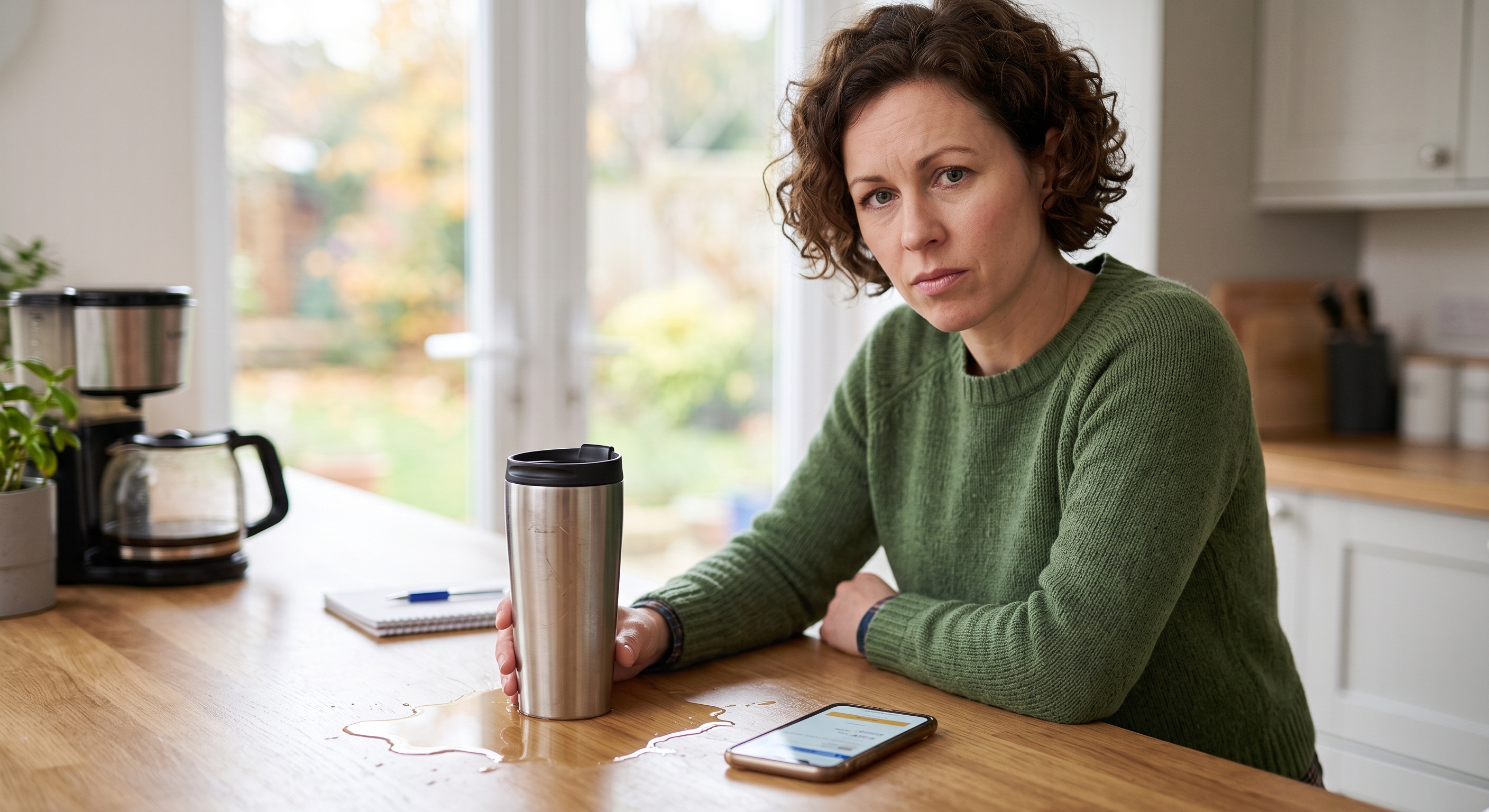 Woman with a distressed look sits with a leaking stainless steel tumbler on a wooden counter next to a smartphone.