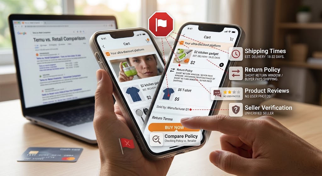 A person holding a phone showing shopping red flags like long shipping times, return policies, and seller reviews.