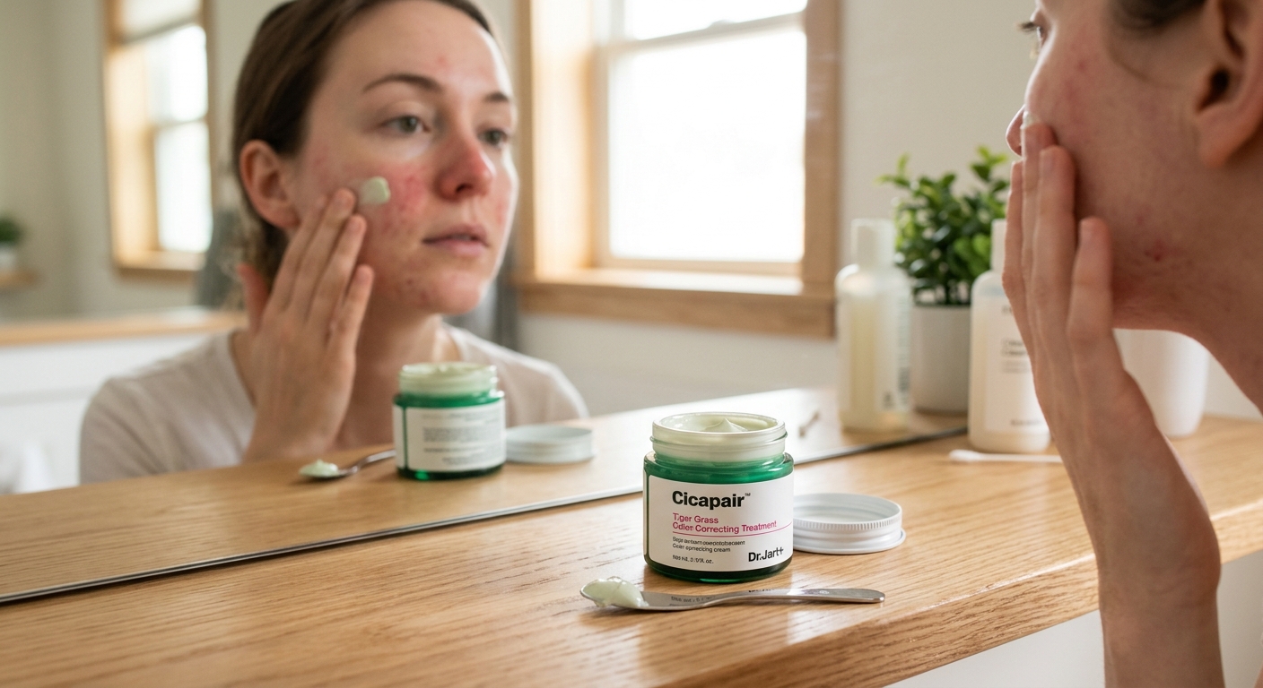 A woman with skin redness applies Dr. Jart+ Cicapair Tiger Grass Color Correcting Treatment to her face in a mirror reflection.