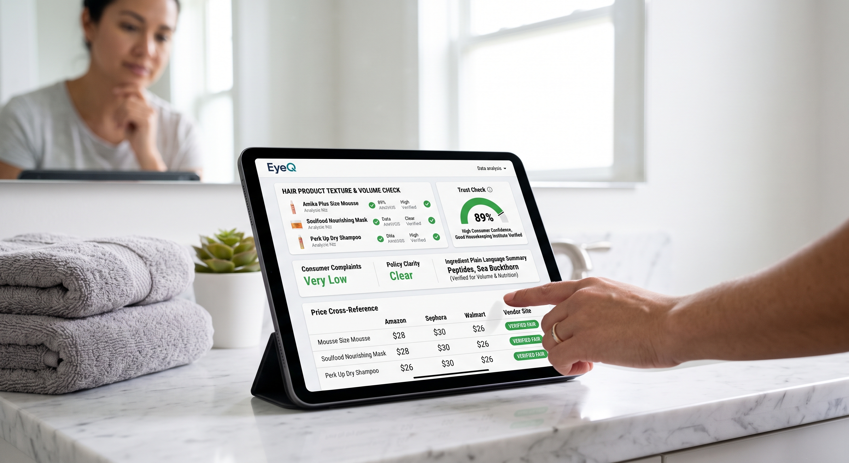 A tablet displays the EyeQ app analyzing hair product trust scores and price comparisons on a marble counter.