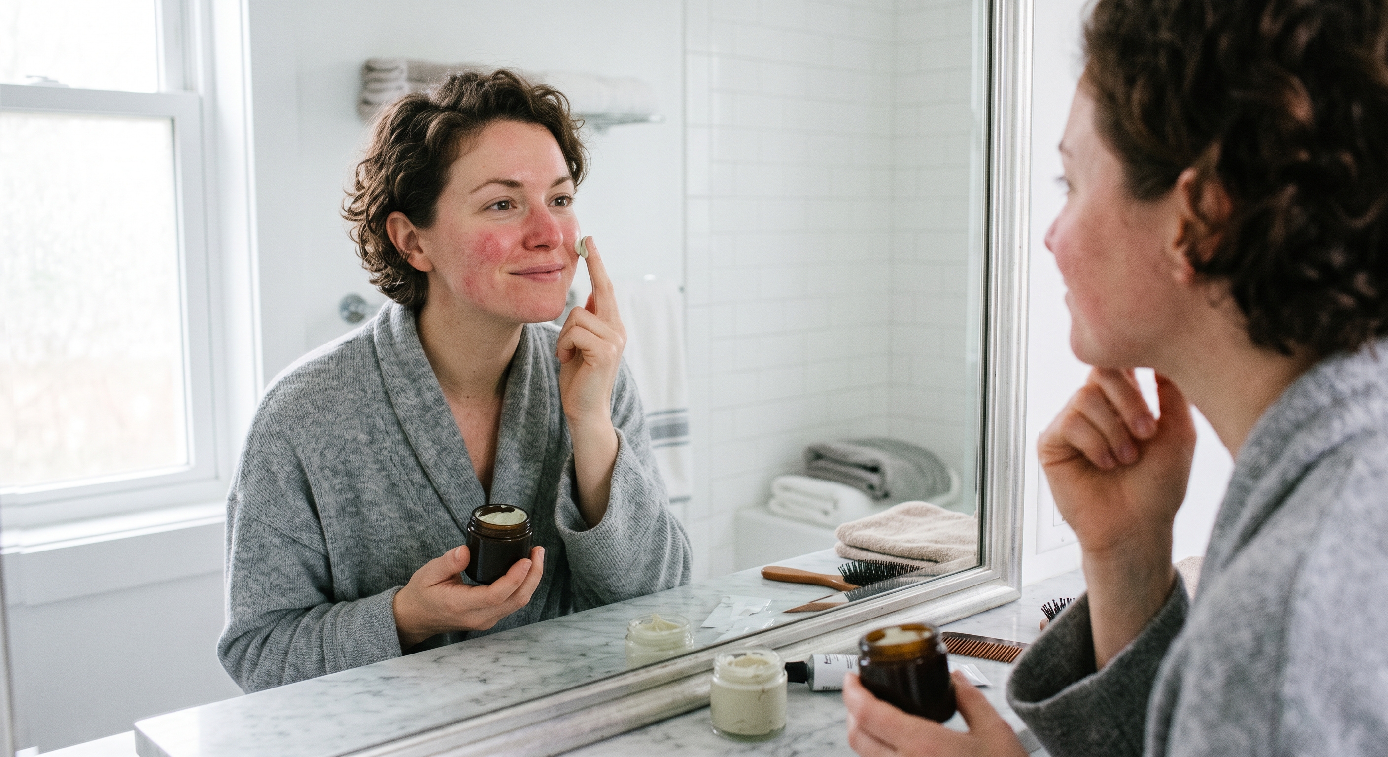 A woman with a red rash on her cheeks applies a green cream from a jar in a bathroom mirror.