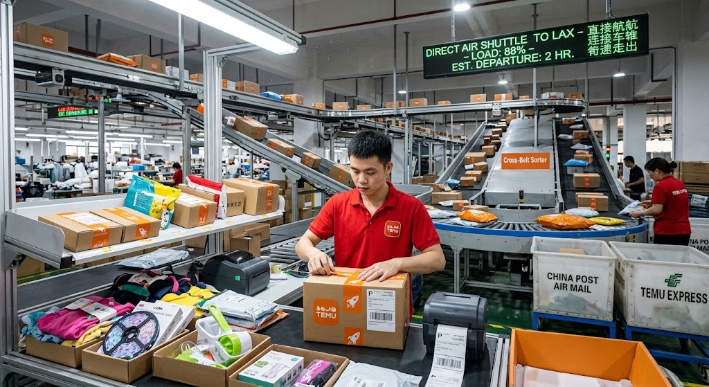A warehouse worker in a red shirt packs Temu boxes on a direct shipment line for an LAX air shuttle.