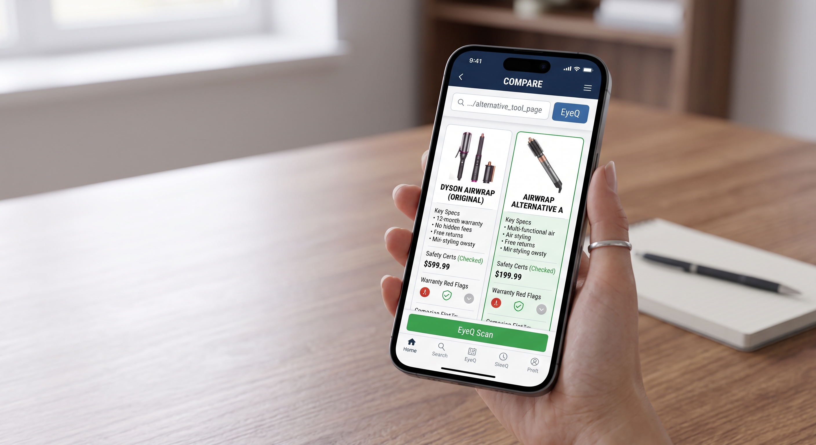 Smartphone screen showing EyeQ app comparing two multi-styling hair tools side-by-side on a wooden desk.