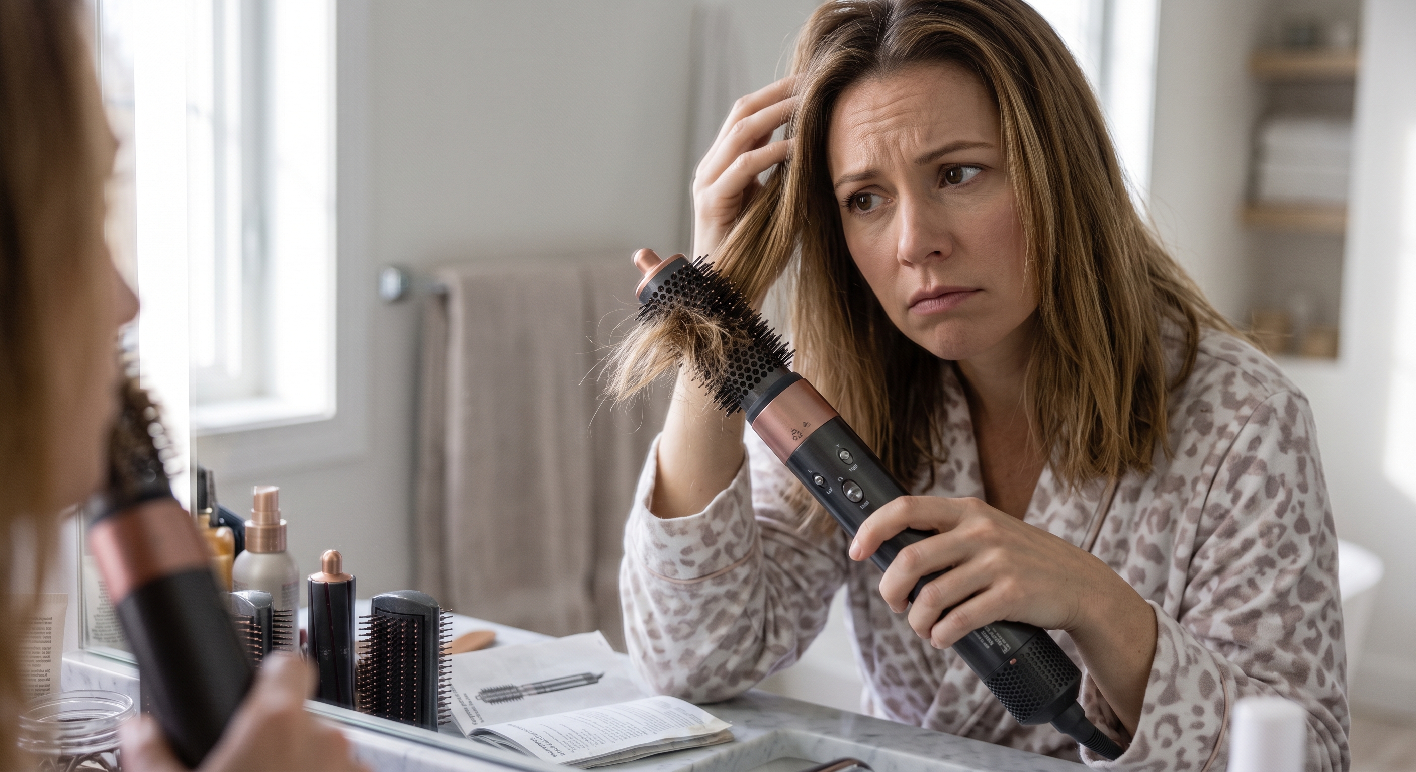 A concerned woman examines her tangled hair as a chunk is caught in the multi-styler airbrush in front of a mirror.