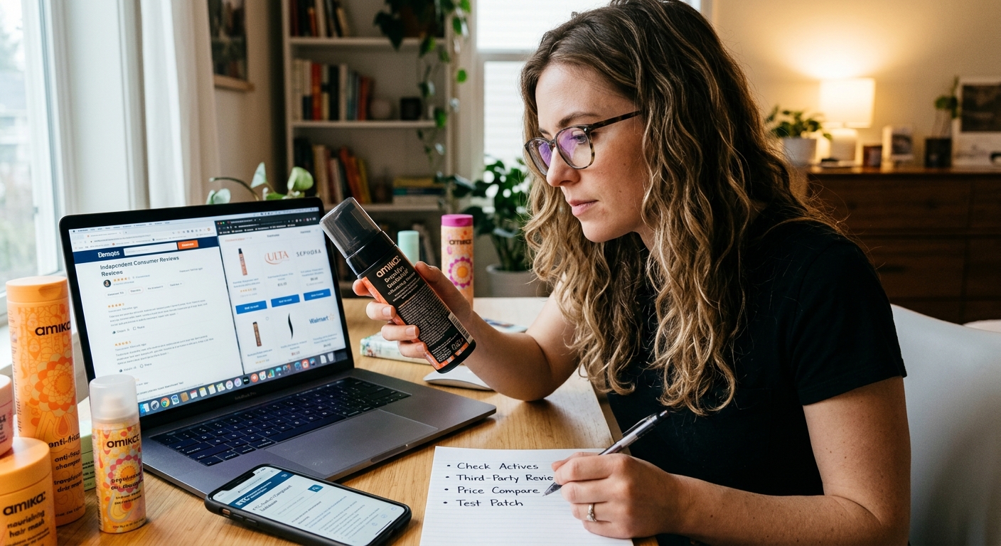 A woman with glasses looks at a hair product while writing notes and using a laptop with reviews in a home office.