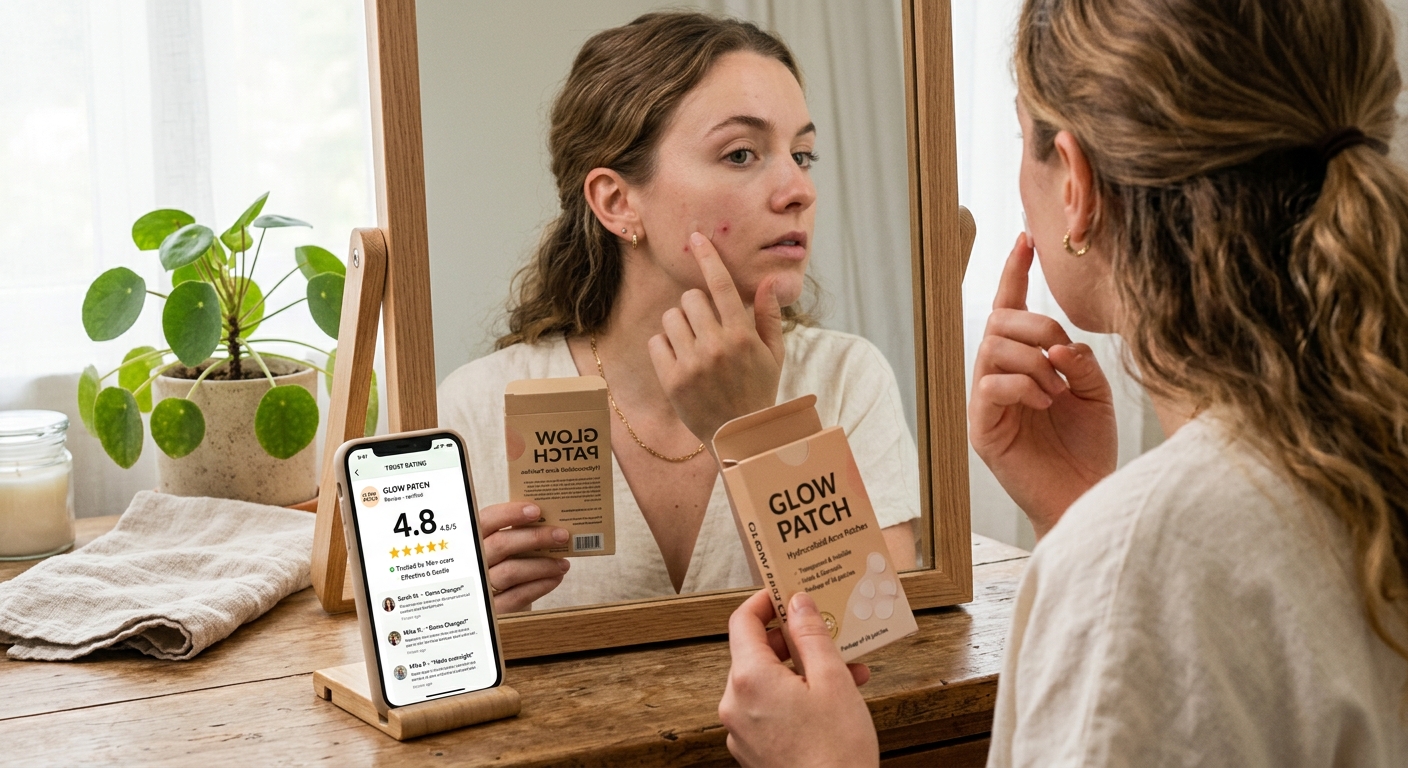 A woman looking in a mirror applies an acne patch to her face next to a phone showing a product trust rating.