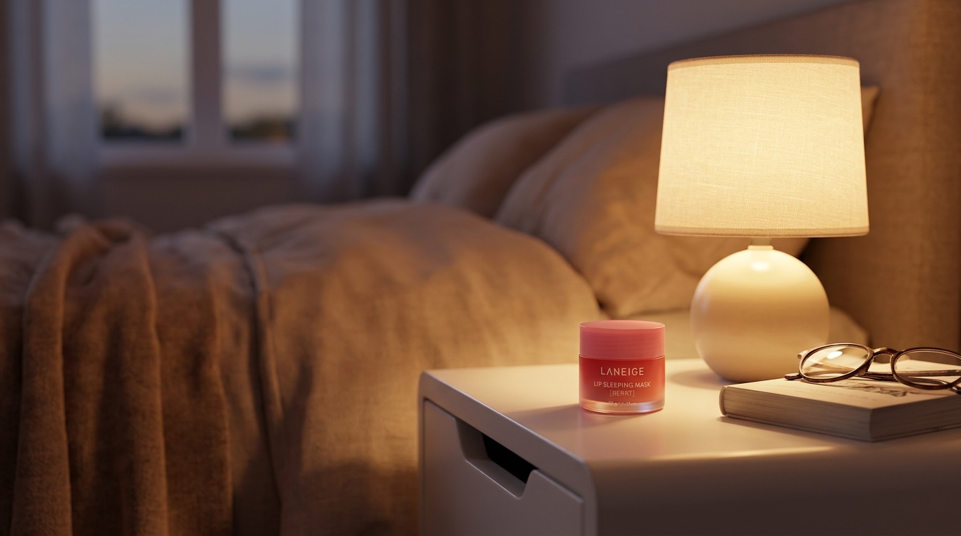 A pink jar of Laneige Lip Sleeping Mask sits on a bedside table under the warm glow of a lamp next to a book and glasses.