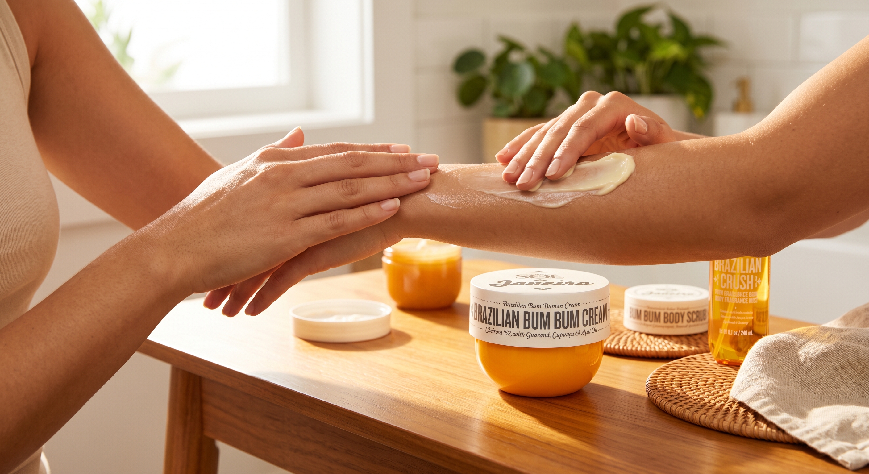 A woman applies moisturizing cream from an orange Sol de Janeiro Brazilian Bum Bum Cream jar onto an arm.