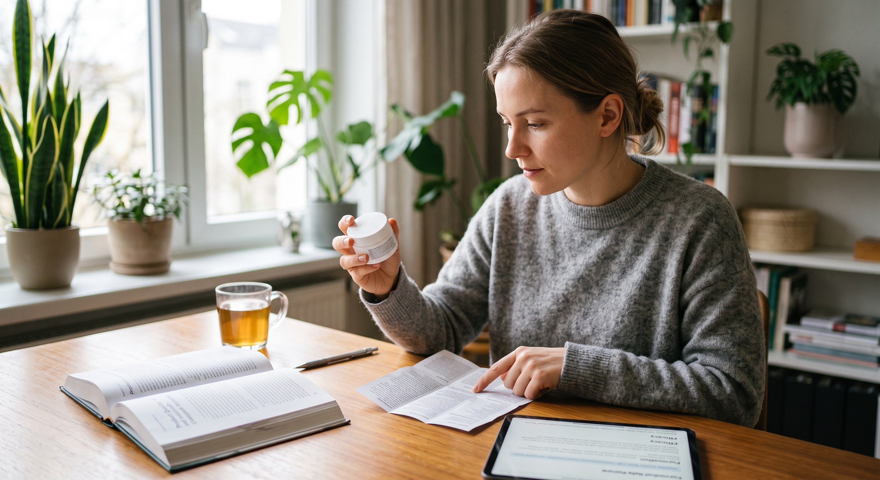 A woman reviews a cosmetic cream's ingredients at a sunlit desk with a book and tablet, assessing the product details.