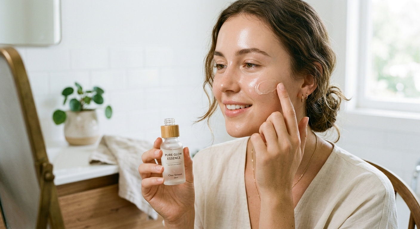 A woman applies a clear skincare gel essence to her cheek in a bright bathroom while holding a small glass bottle.