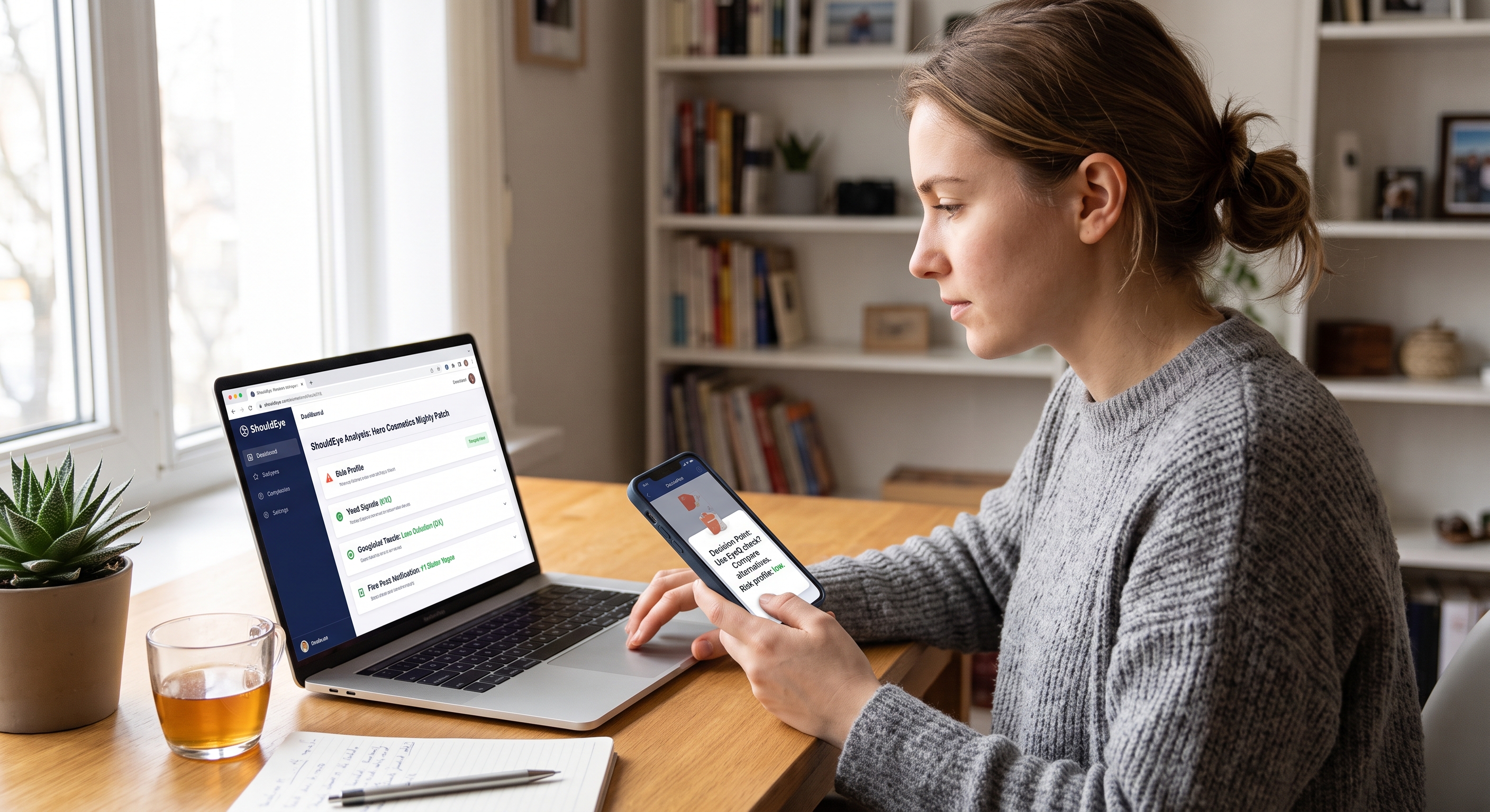 A woman in a gray sweater sits at a desk using a laptop and phone, with a plant, books, and tea nearby.