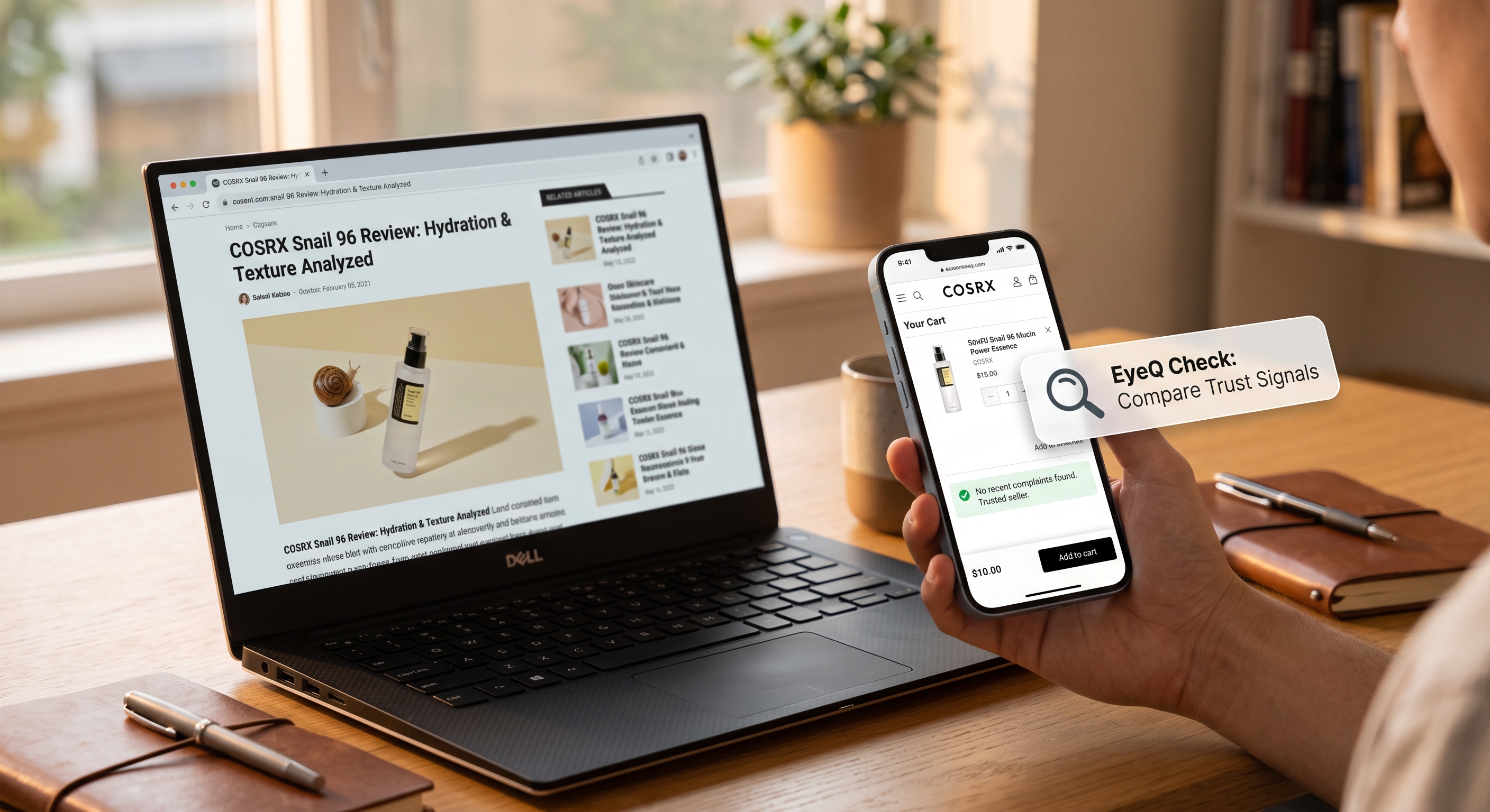 A person uses a phone with a 'Trust Signals' check, next to a laptop displaying COSRX snail mucin reviews.