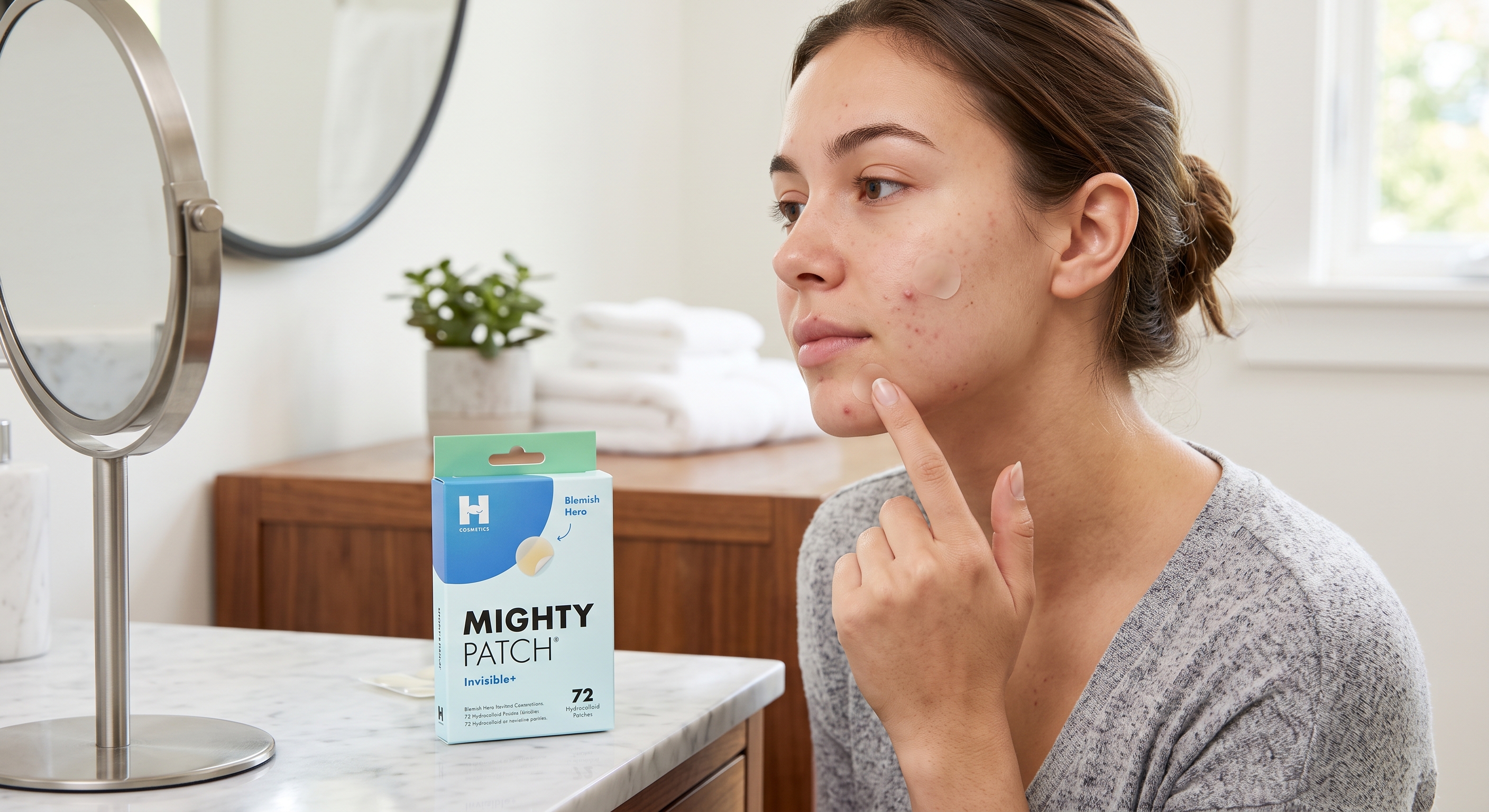 A woman applies a Mighty Patch to a blemish on her cheek in a bathroom, with the product box nearby.