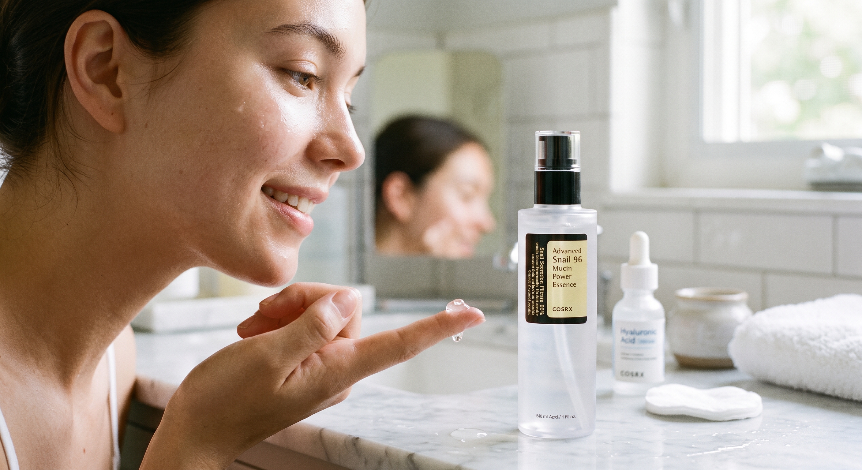 A woman applies COSRX Snail Mucin essence gel on her finger in a bright bathroom with the product bottle on display.