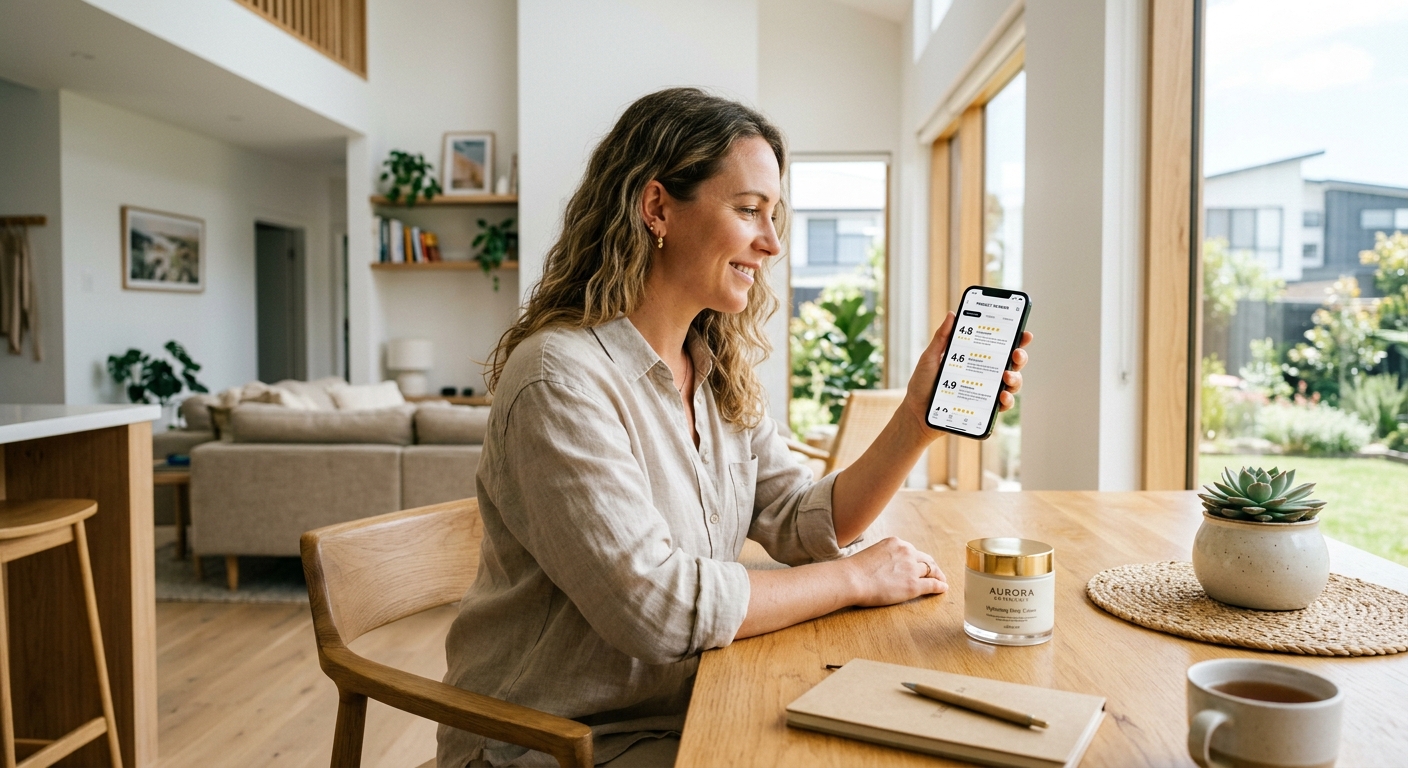 A smiling woman looks at product review scores on her smartphone next to a luxury body cream jar on a table.
