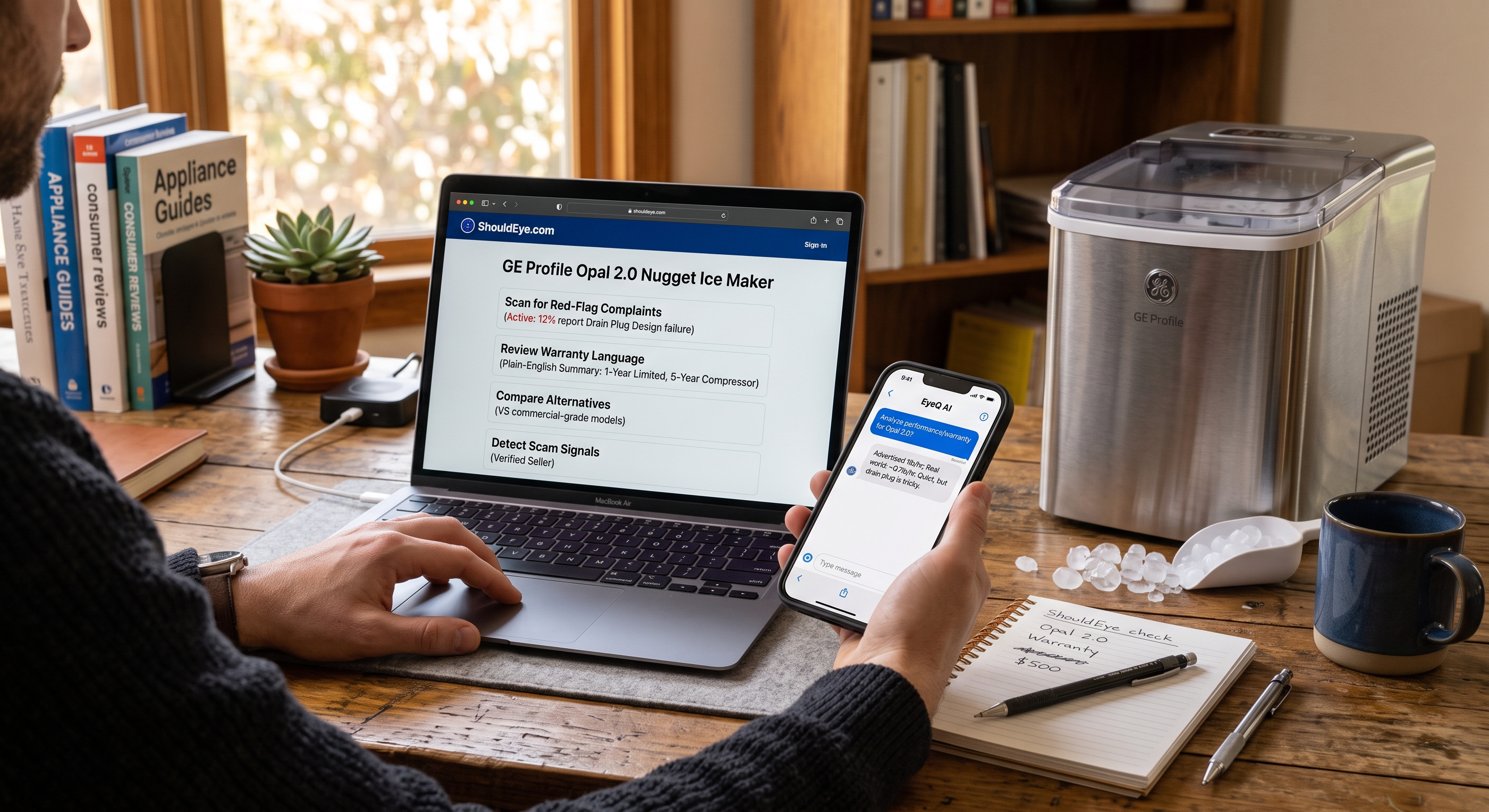 A person uses a laptop displaying consumer advice for an ice maker, while simultaneously holding a phone with an AI chat.