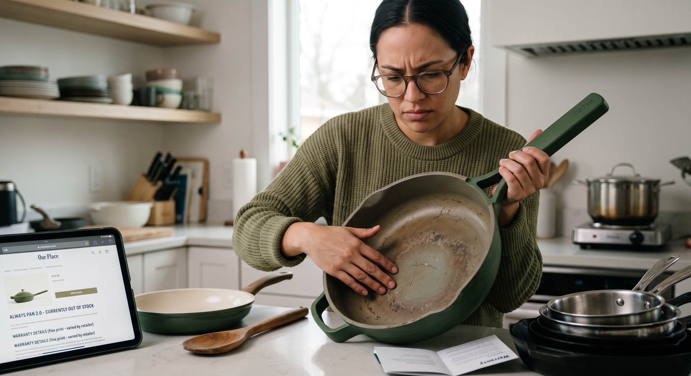 A woman with glasses looks confused while holding a green pan in a kitchen with a tablet showing "Always Pan 2.0".