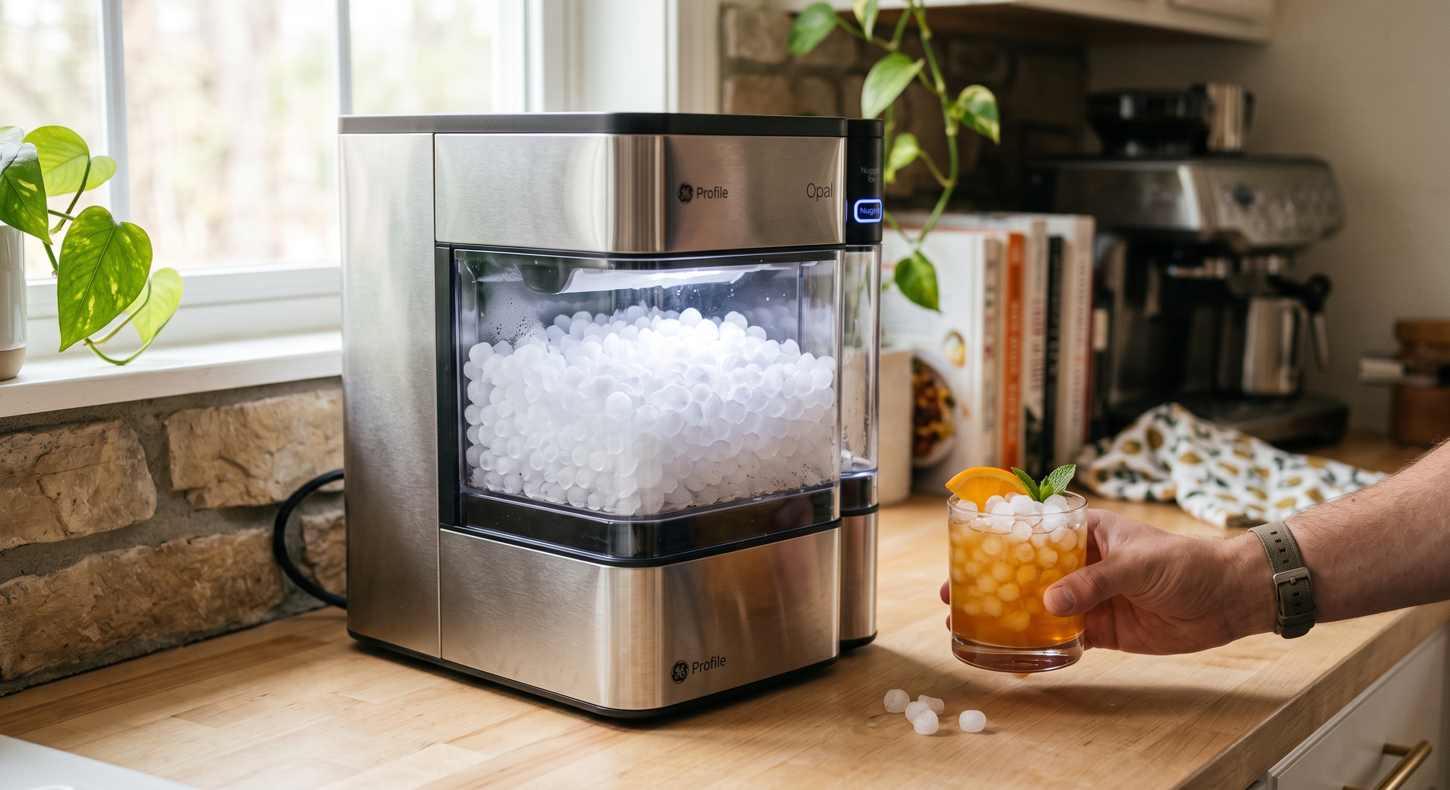 A stainless steel GE Profile Opal nugget ice maker on a wooden counter next to a glass of iced tea.