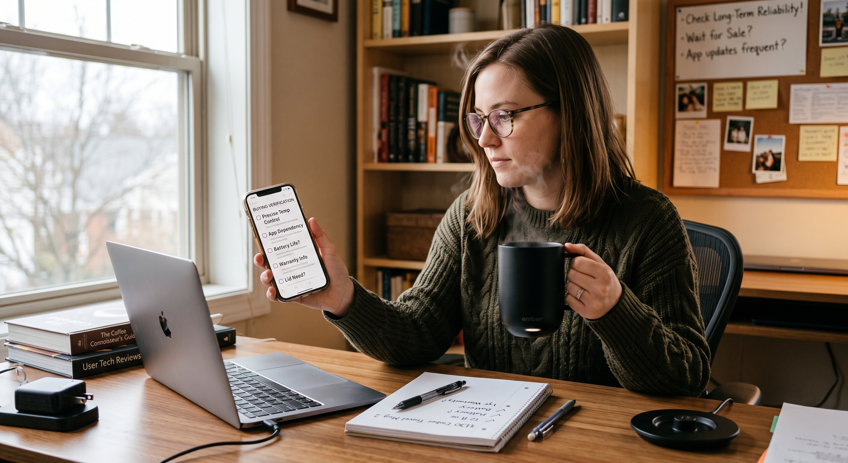 A woman sits at a desk holding a steaming black mug and a smartphone displaying a checklist, with a laptop in front of her.